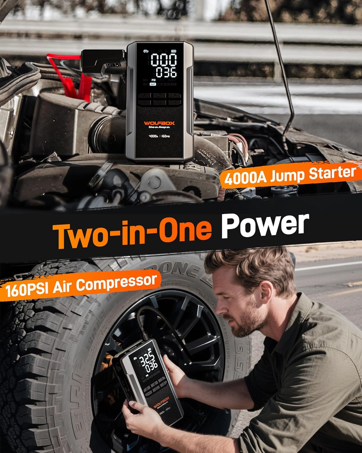 WOLFBOX 4000A Jump Starter with 160PSI Air Compressor, 12V Car Battery Booster, 65W Fast Charge, 88.8Wh Portable Tire Inflator, LED Display for 10L Gas  10L Diesel Engines, LED Light, Jumper Cables