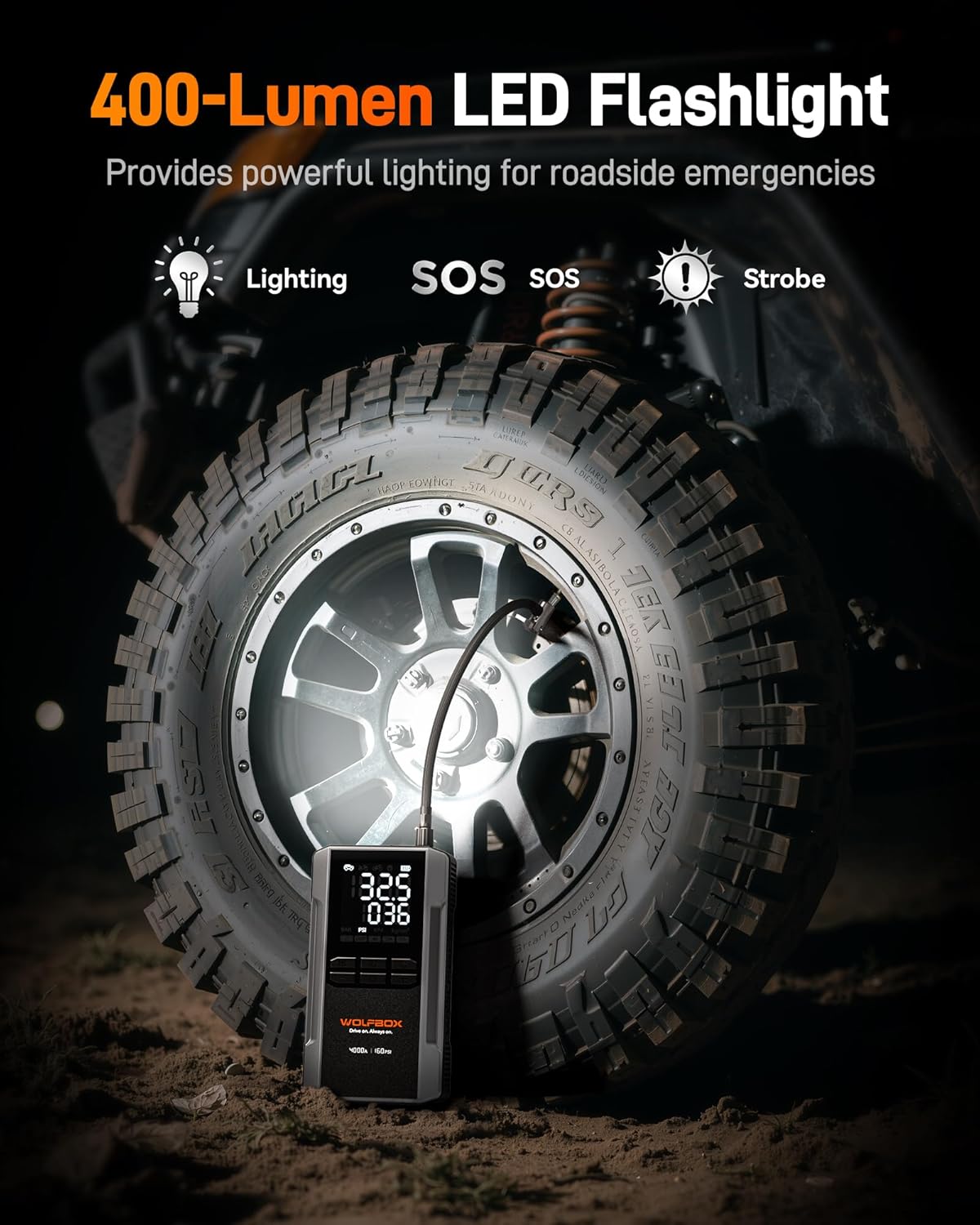 WOLFBOX 4000A Jump Starter with 160PSI Air Compressor, 12V Car Battery Booster, 65W Fast Charge, 88.8Wh Portable Tire Inflator, LED Display for 10L Gas  10L Diesel Engines, LED Light, Jumper Cables