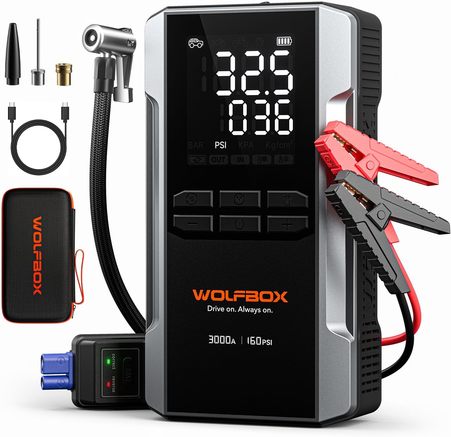 WOLFBOX 4000A Jump Starter with 160PSI Air Compressor, 12V Car Battery Booster, 65W Fast Charge, 88.8Wh Portable Tire Inflator, LED Display for 10L Gas  10L Diesel Engines, LED Light, Jumper Cables