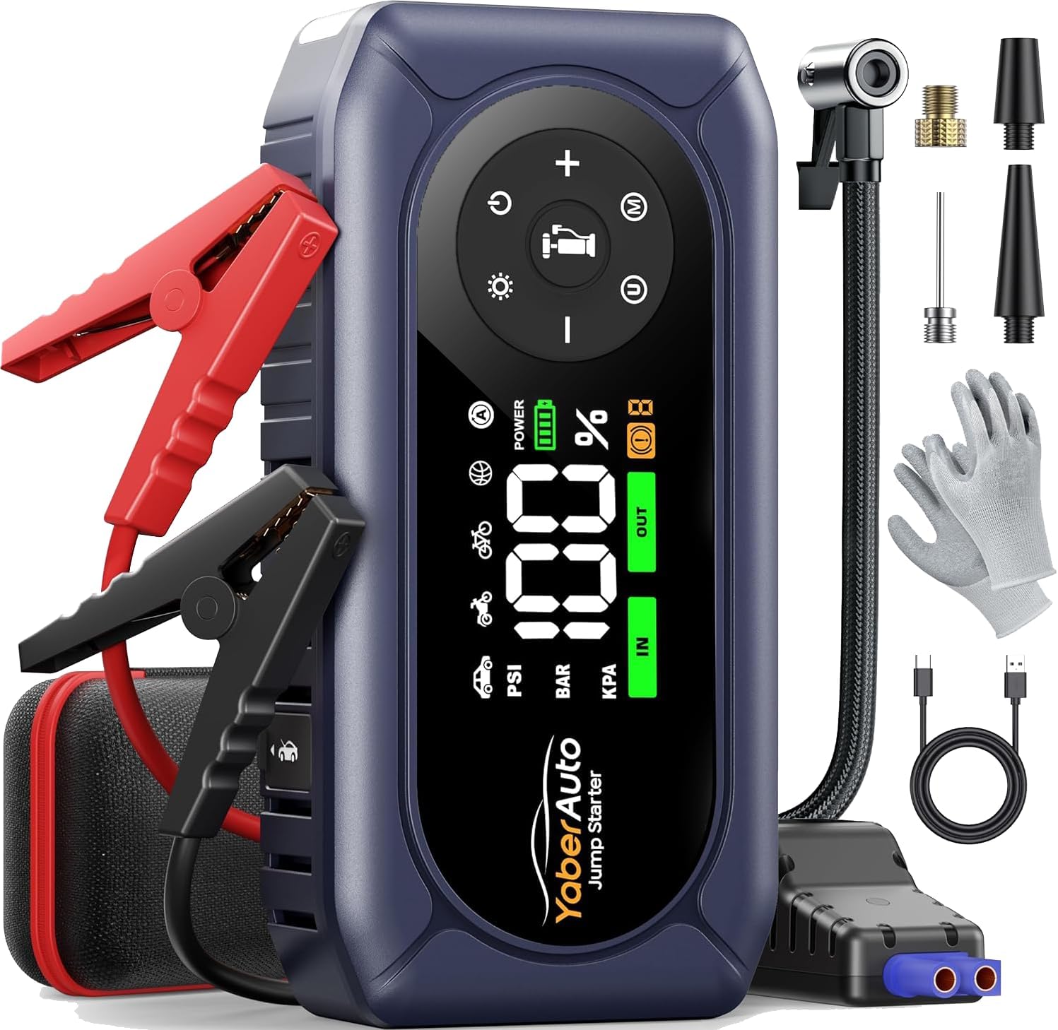 YaberAuto 9-in-1 Jump Starter with Air Compressor 4500A 150PSI Car Battery Jump Starter (9L Gas/8L Diesel), 12V Jump Box Car Battery Jumper Starter Portable Jumper Cables, 400V Insulated Gloves, Light