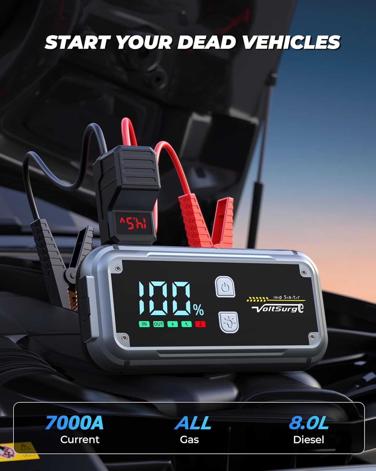 7000A Jump Starter Pack for Car, 12V Portable Jumper Starter (up to All Gas 8.0L Diesel Engine) with LCD Display, Jump Box Charger with Lithium Battery, QC3.0  4 LED Light Modes