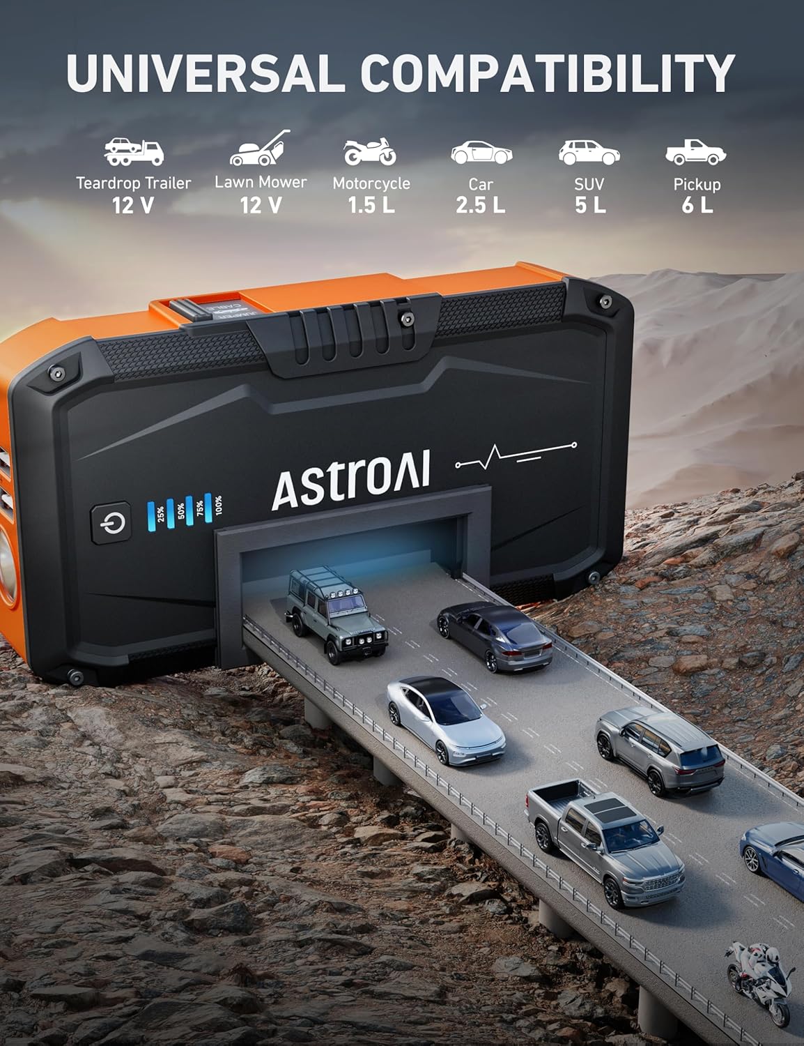 AstroAI S8 Car Battery Jump Starter, Car Jumper Starter Battery Pack for Up to 6.0L Gas  3.0L Diesel Engines, 12V Portable Jump Box with 3 Modes Flashlight and Jumper Cable (Orange)