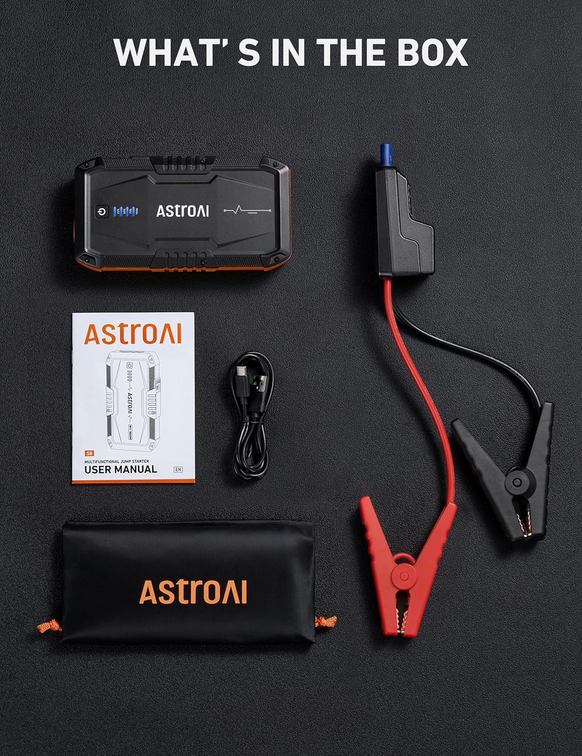 AstroAI S8 Car Battery Jump Starter, Car Jumper Starter Battery Pack for Up to 6.0L Gas  3.0L Diesel Engines, 12V Portable Jump Box with 3 Modes Flashlight and Jumper Cable (Orange)