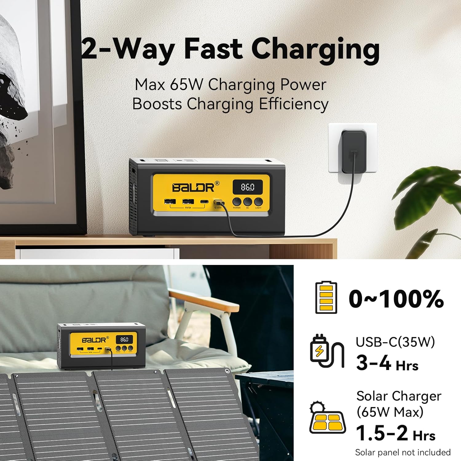 BALDR Portable Power Station 28000mAh, 90Wh LiFePO4 Battery Backup Camping Solar Generator Fast Charging with AC Outlet 150W Peak Power Bank for Home Backup Outdoor Emergency