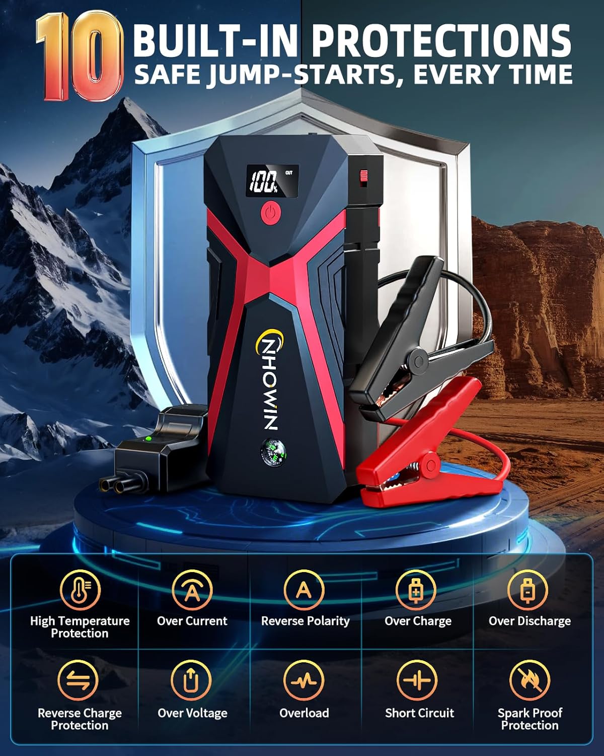 Battery Jumper Starter Portable, 4000A 4 in 1 Function Jump Starter Up to 7.5L Gas  5.0L Diesel Engines 12V Jump Box for Car Battery with Smart Jumper Cables and LED Flashlight