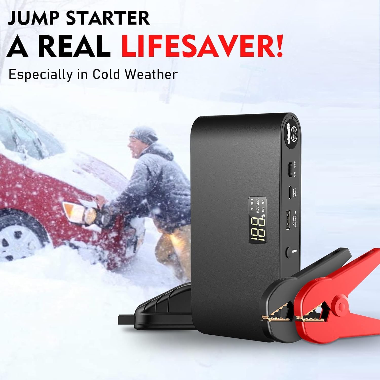 BOOKOO Car Battery Jump Starter 4000A,16000mAh Portable Battery Jumper Cables for Car 8L Gas | 7L Diesel Engines,Jump Box with USB QC 3.0 | PD 18W Fast Charging,3 LED Modes with SOS for Emergency Use