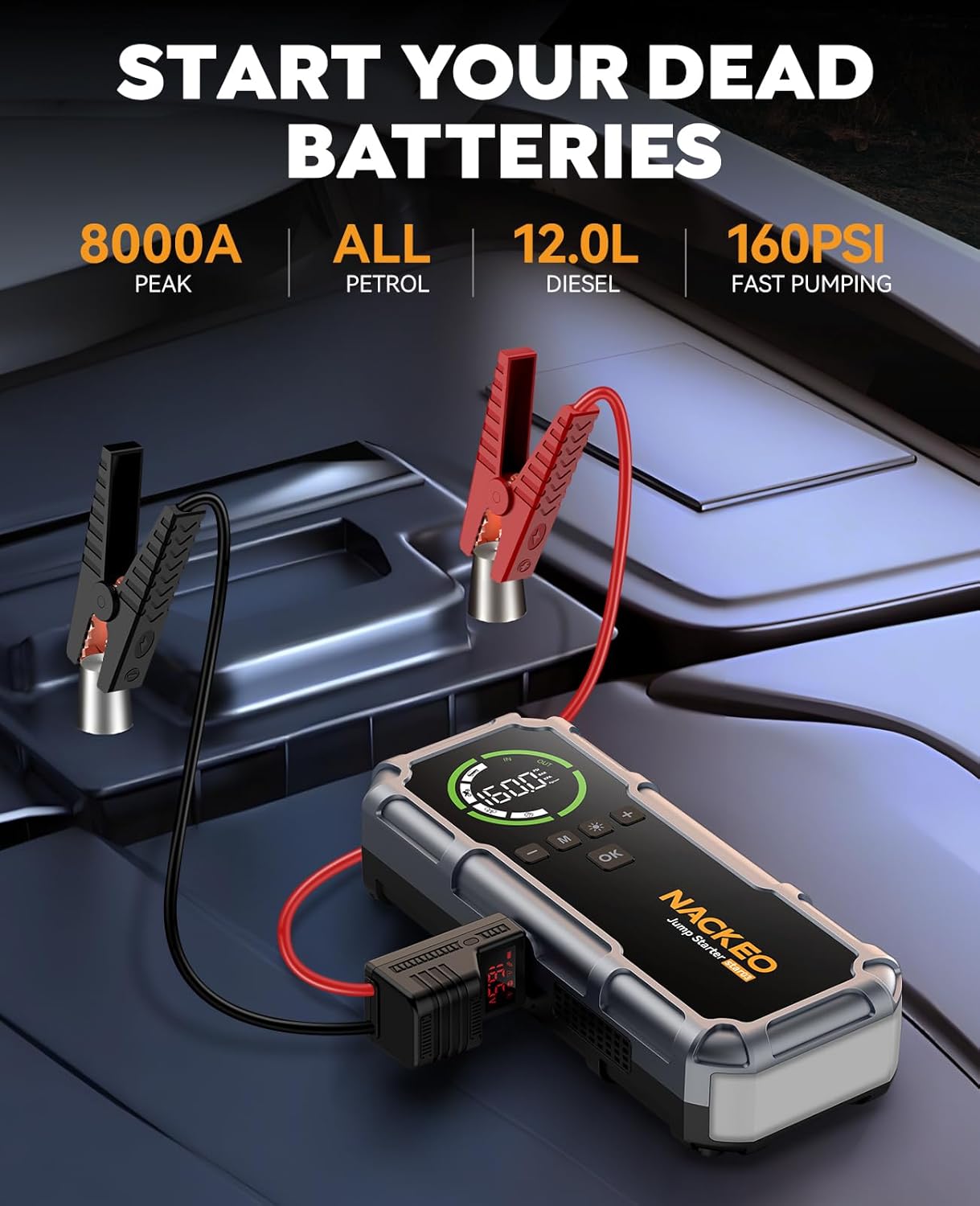 Car Battery Jump Starter with Air Compressor 8000A 160PSI, Car Jumper Starter Portable (All Gas/10L Diesel), Jump Starter Jump Box with Jumper Cables, LED Light, Large LCD Display, Power Bank
