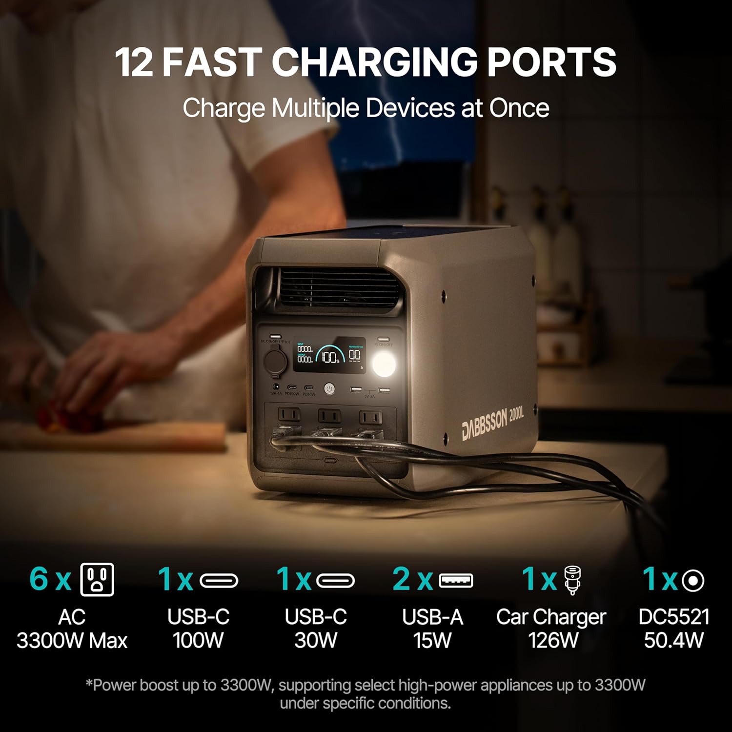 DABBSSON 2048Wh Portable Power Station, Safe Semi-Solid LiFePO4, 3300W Power Boost, 2200W AC Output ×6, 41lb,Compact  Lightweight, 1.3X Runtime, 2000L Solar Generator for Camping/Home/RV