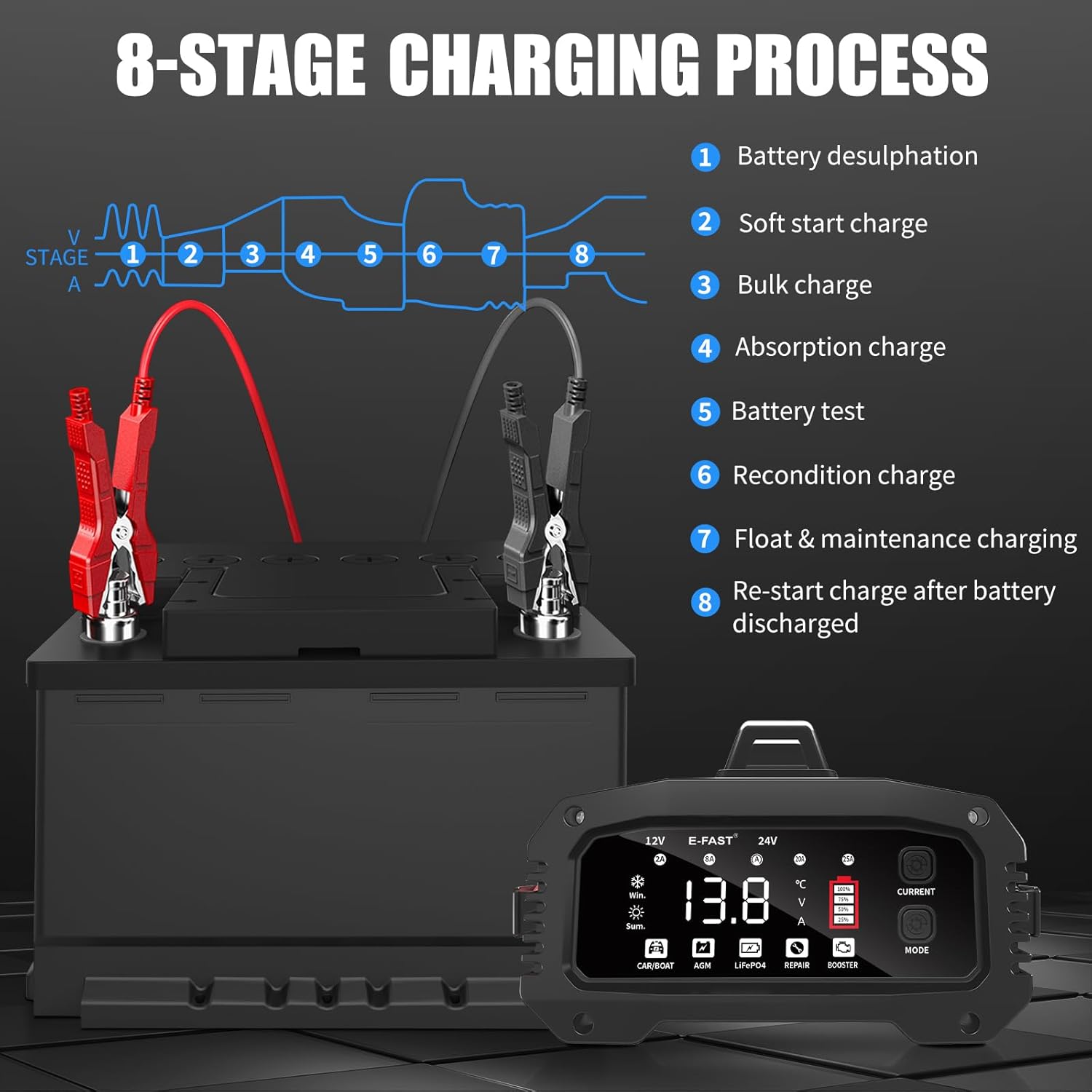 E-FAST 25A Smart Car Battery Charger, 12V/24V Automatic Automotive Battery Maintainer  Desulfator with 200s Booster Mode - Adjustable Amp Trickle Charger for Lead-Acid, AGM, Gel, LiFePO4