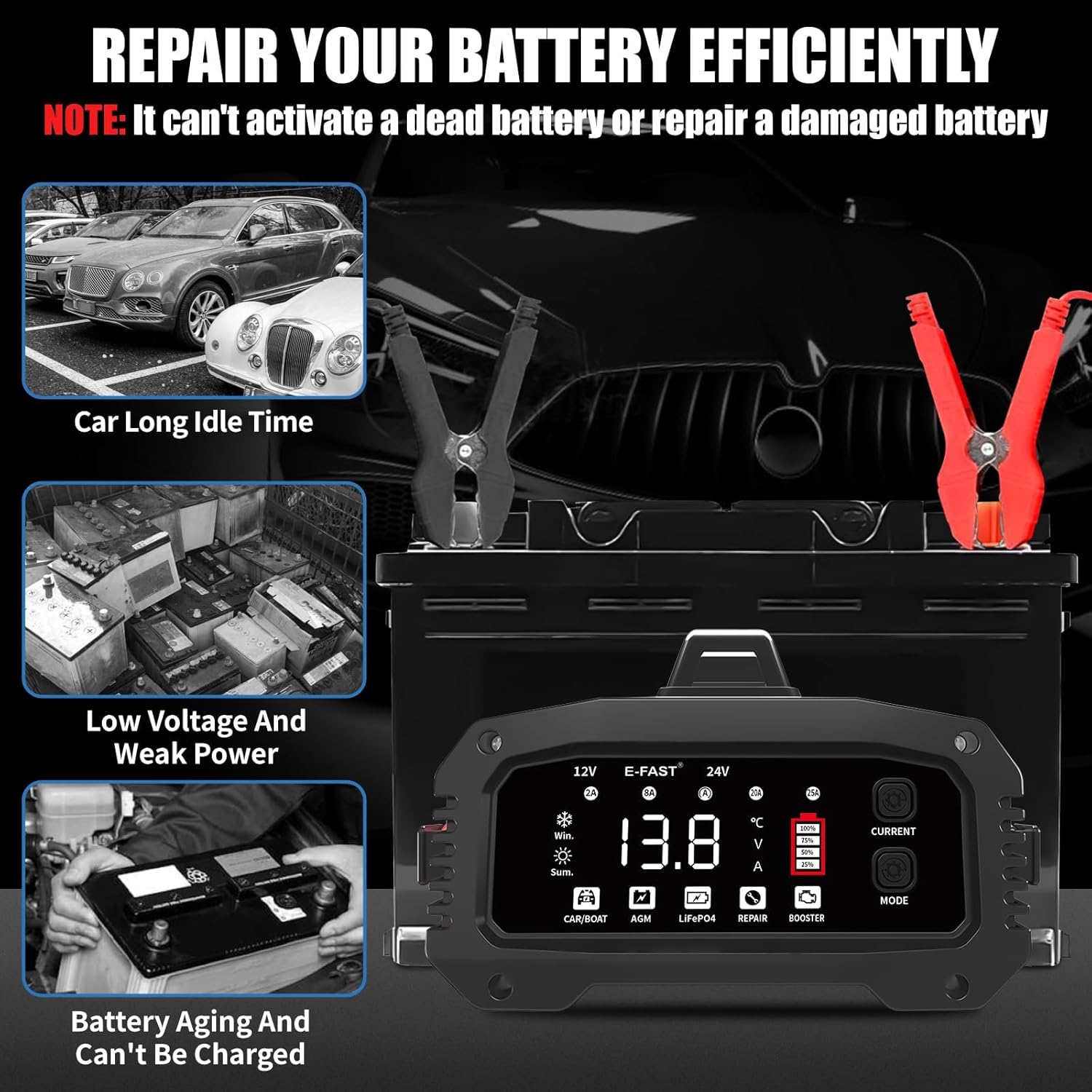 E-FAST 25A Smart Car Battery Charger, 12V/24V Automatic Automotive Battery Maintainer  Desulfator with 200s Booster Mode - Adjustable Amp Trickle Charger for Lead-Acid, AGM, Gel, LiFePO4
