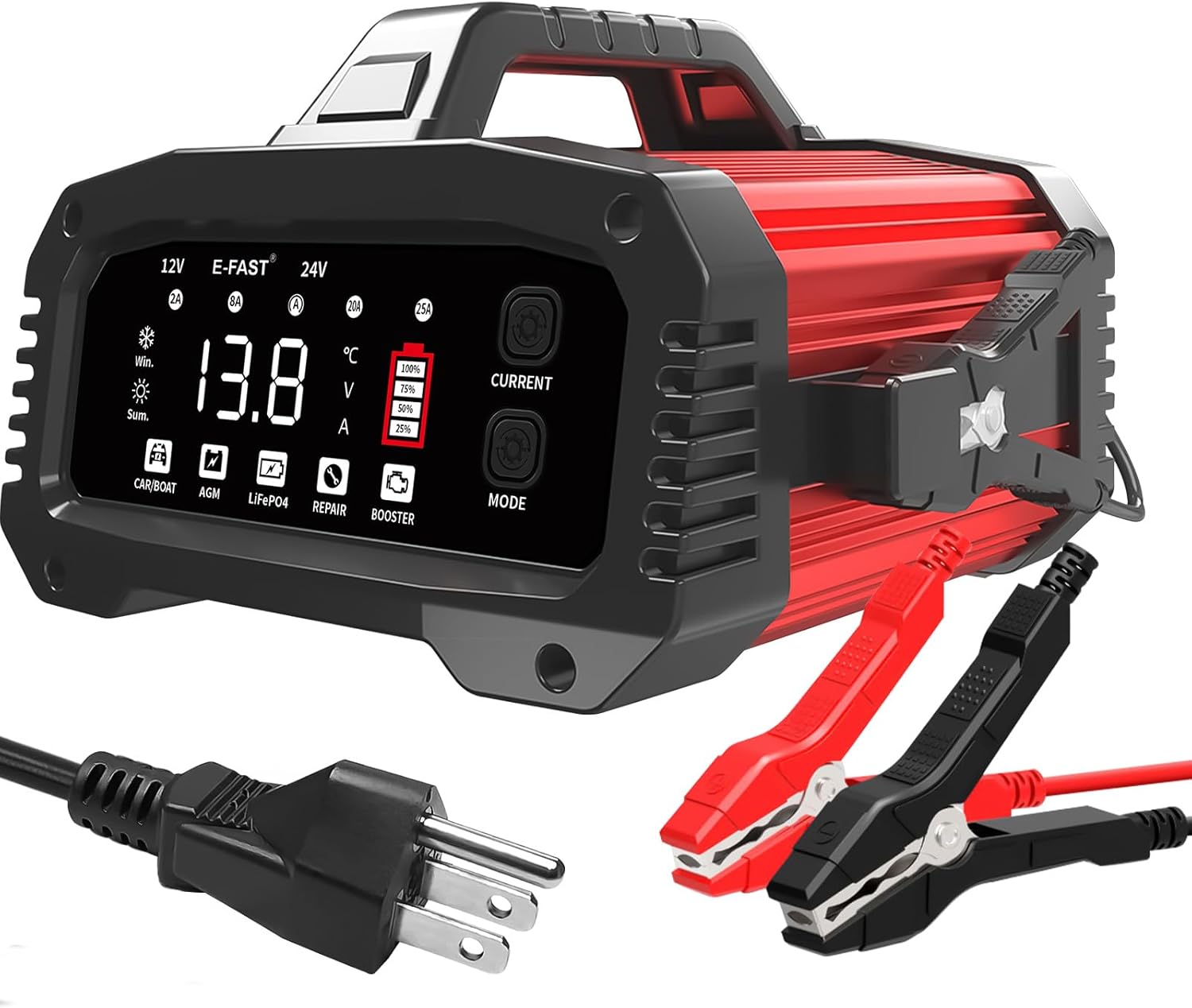 E-FAST 25A Smart Car Battery Charger, 12V/24V Automatic Automotive Battery Maintainer  Desulfator with 200s Booster Mode - Adjustable Amp Trickle Charger for Lead-Acid, AGM, Gel, LiFePO4