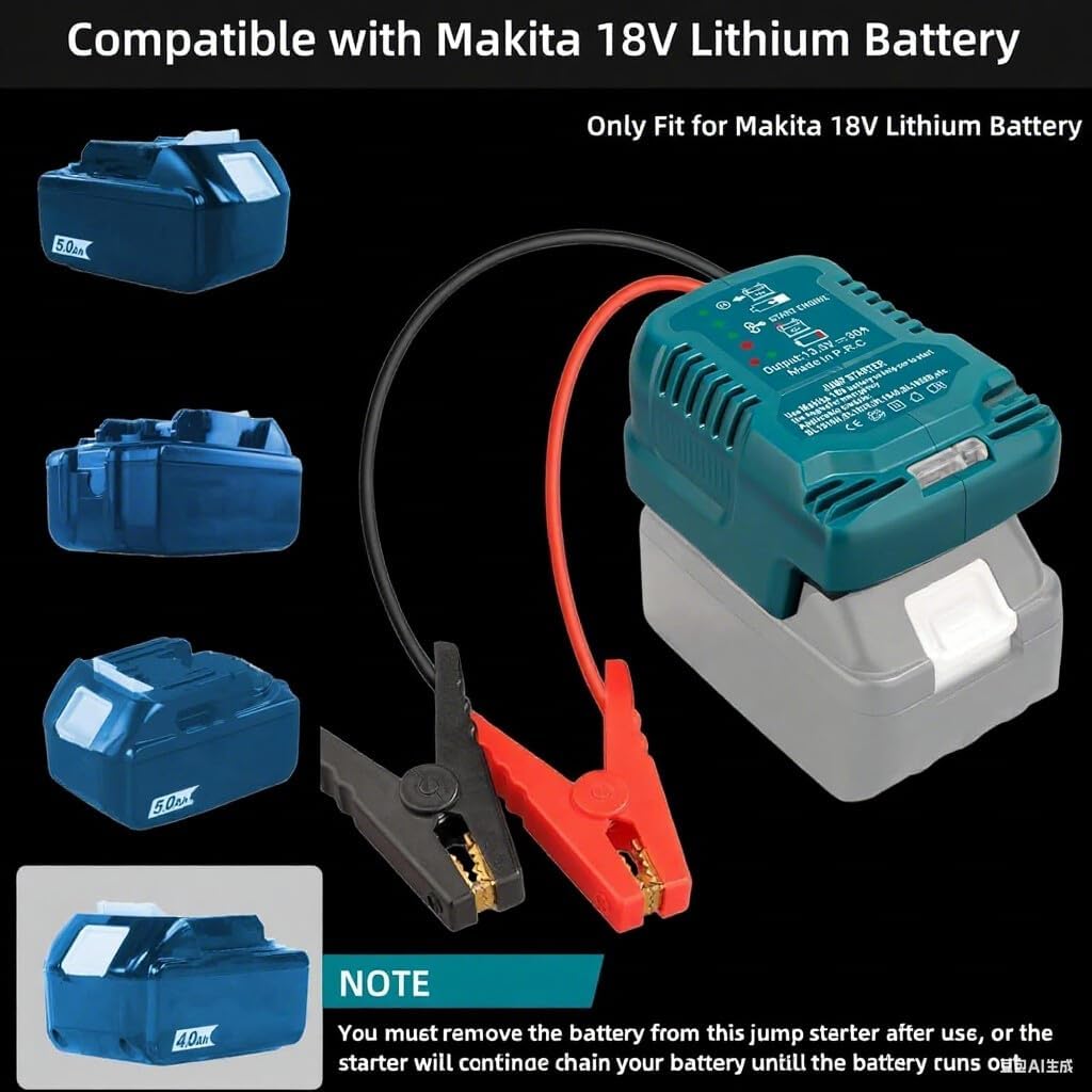 for Makita Car Jump Starter Adapter 18V Li-ion Battery - Portable Jump Starter with Jumper CablesClamps, Adapter Charger Car Portable Jump Starter with 18V(Battery Not)