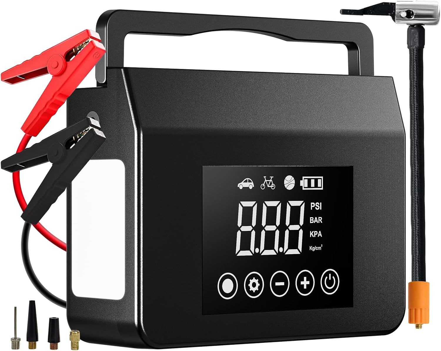 Hieha 4000A Portable Jump Starter with Air Compressor, 12V Car Battery Power (All Gas 8L Diesel) with 150PSI Tire Inflator 15000mAh PowerBank  Quick Charge, Flashlight, Emergency kit for Car, Truck