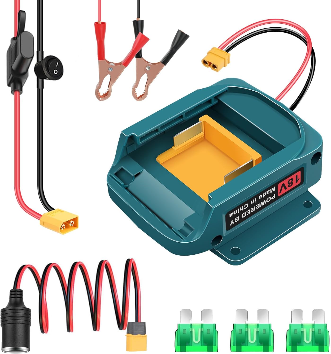 Jump Starter Adapter for Makita 18V Battery, 2FT Portable Car Charger Jump Starter with Jumper Cable Clamps, 3 Fuses, 12V Car Lighter(Battery Not Included)