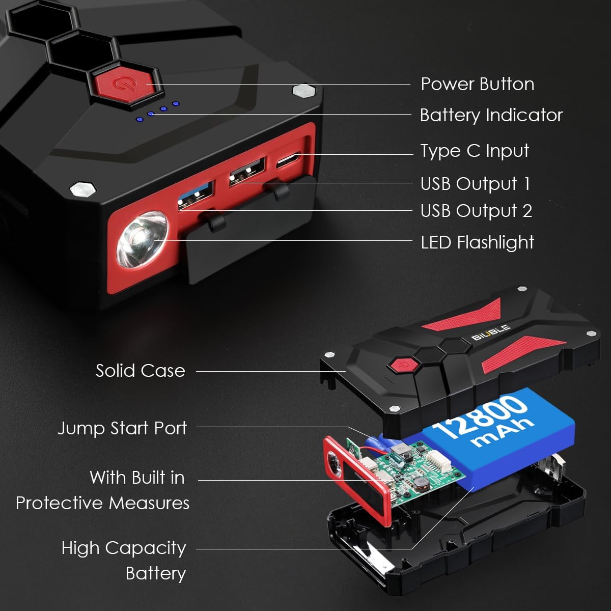 Jump Starter Car Jump Starter Auto Battery Booster Pack 5000A Peak 12V with USB-C Quick Charge,Lithium Jump Box with LED Light(Up to 7.0L Gas or 5.5L Diesel Engine)