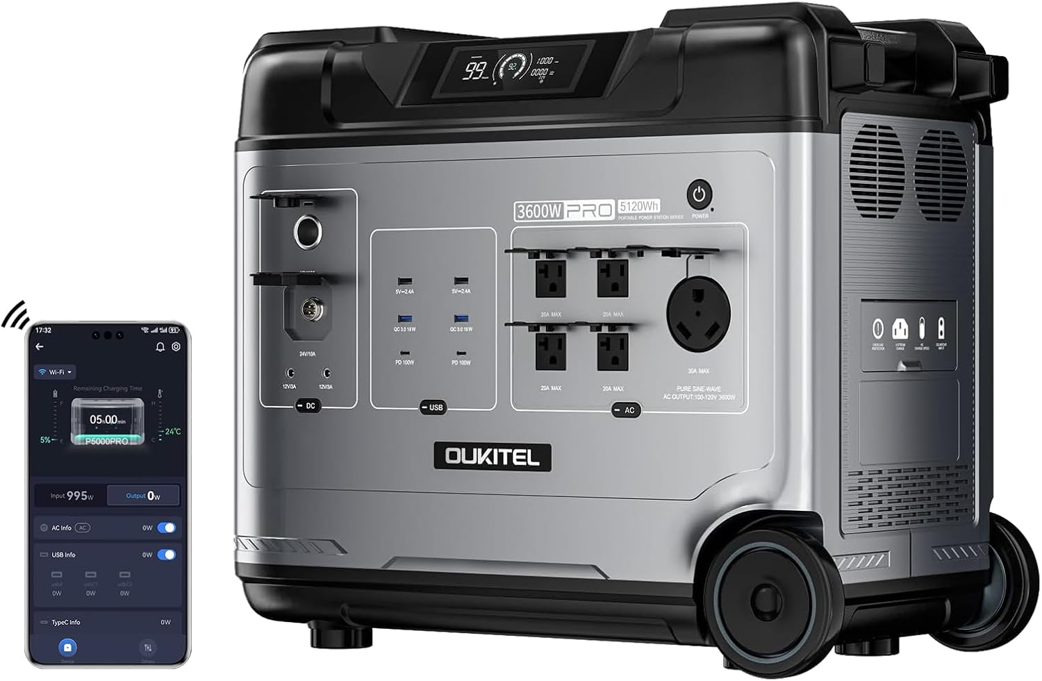 OUKITEL P5000 Pro 5120Wh Portable power station with 500W Solar Panel, Solar Generator LiFePO4 battery 3600W AC Output(6000 Peak)  1800W Fast Charge for Home Backup, Outdoor Camping with APP Control