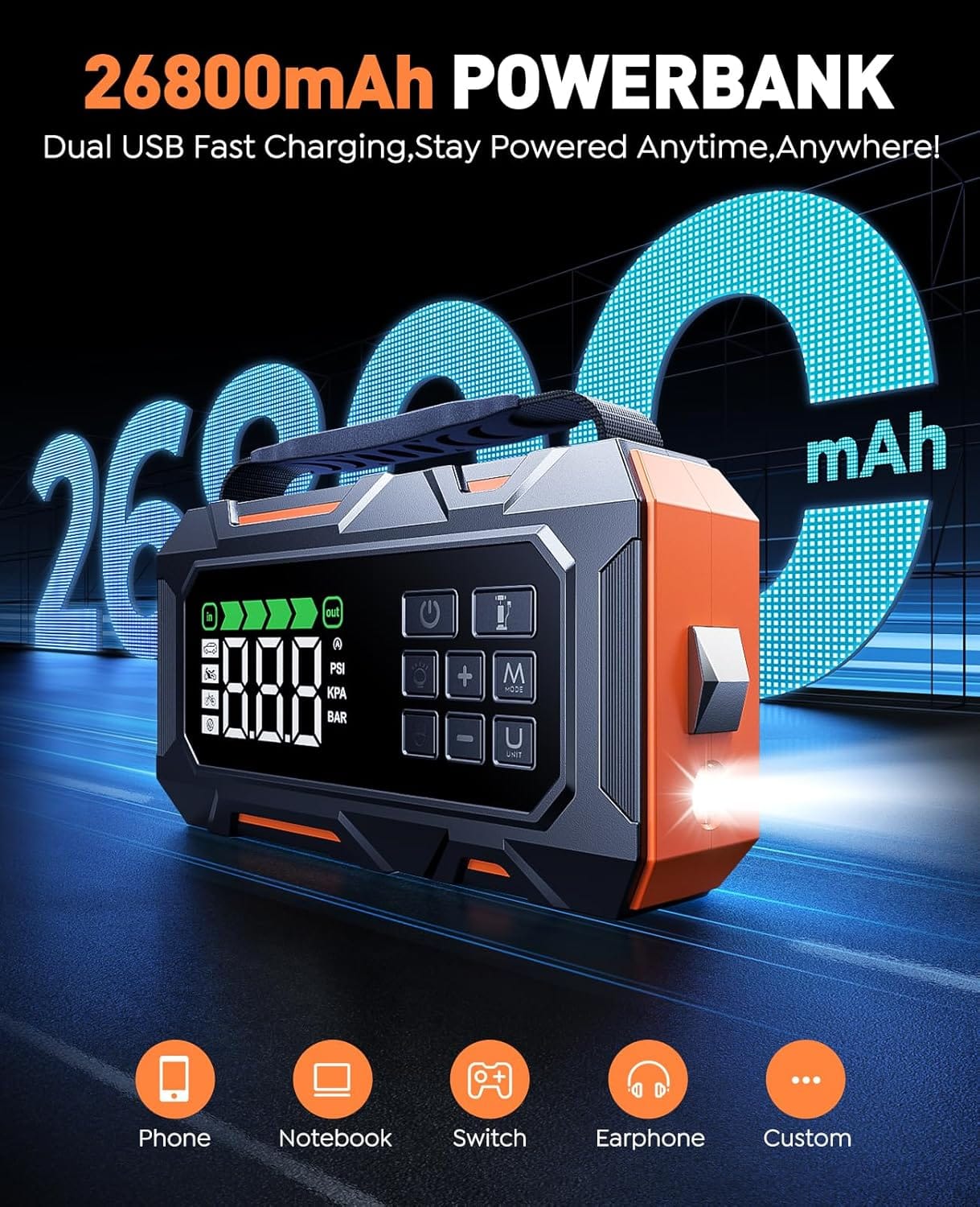Portable Jump Starter with Air Compressor 8000A 160PSI, 16-in-1 Car Battery Jump Starter with Emergency Kit, Auto-Shutoff Tire Inflator, Jumper Cables, Jump Box Car Battery for All Gas/14L Diesel