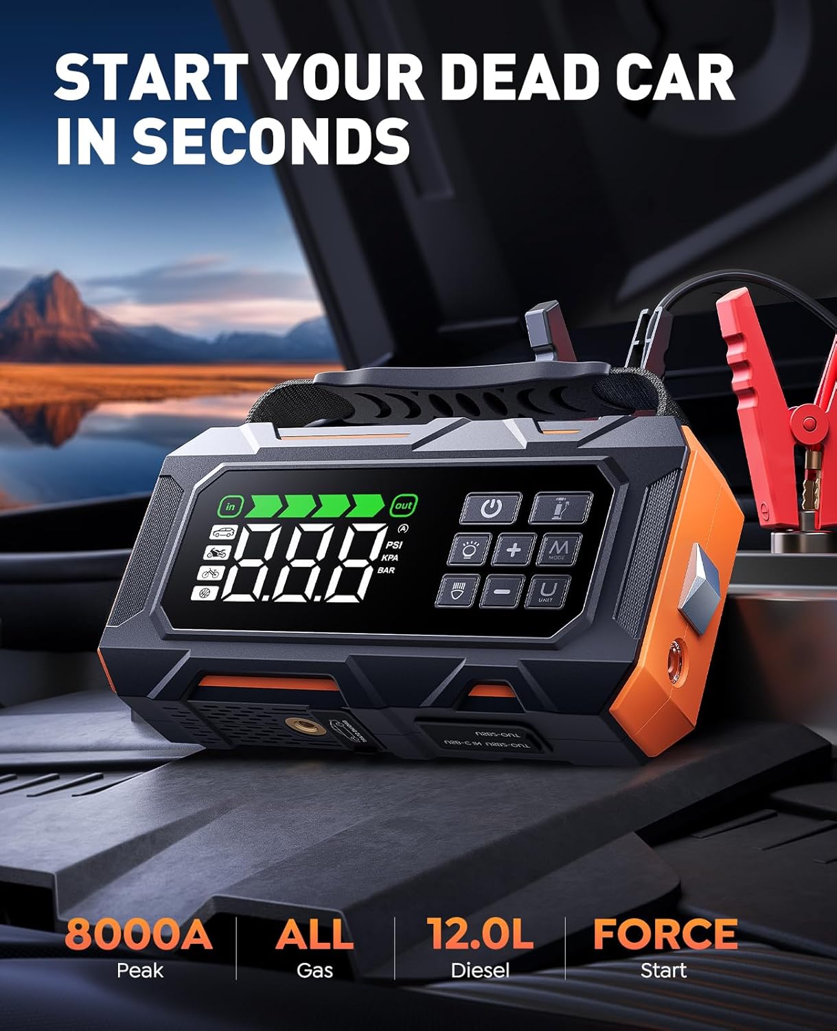 Portable Jump Starter with Air Compressor 8000A 160PSI, 16-in-1 Car Battery Jump Starter with Emergency Kit, Auto-Shutoff Tire Inflator, Jumper Cables, Jump Box Car Battery for All Gas/14L Diesel