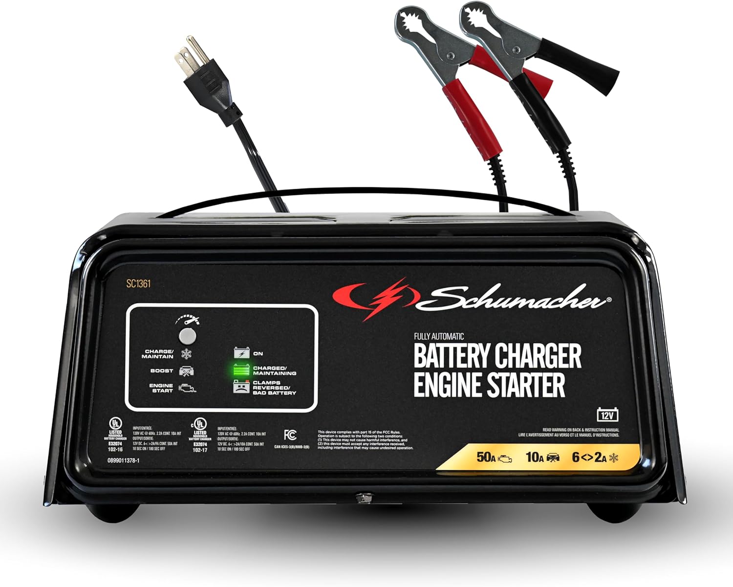 Schumacher Electric 6A Car Battery Charger and 50A Engine Starter, 4-in-1 Solution, Maintainer, 10A Boost, for 12V Power Sport, Automotive, and Marine Batteries, SC1361