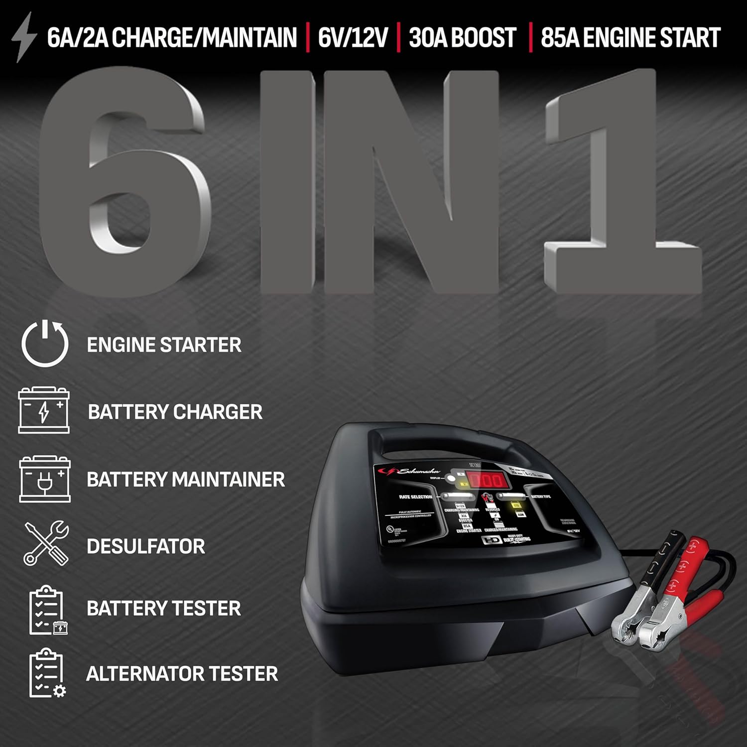Schumacher Electric 6A Car Battery Charger and 85A Engine Starter, 6-in-1 Solution, Maintainer, 30A Boost, for 6V/12V Power Sport, Automotive, and Marine Batteries, SC1307