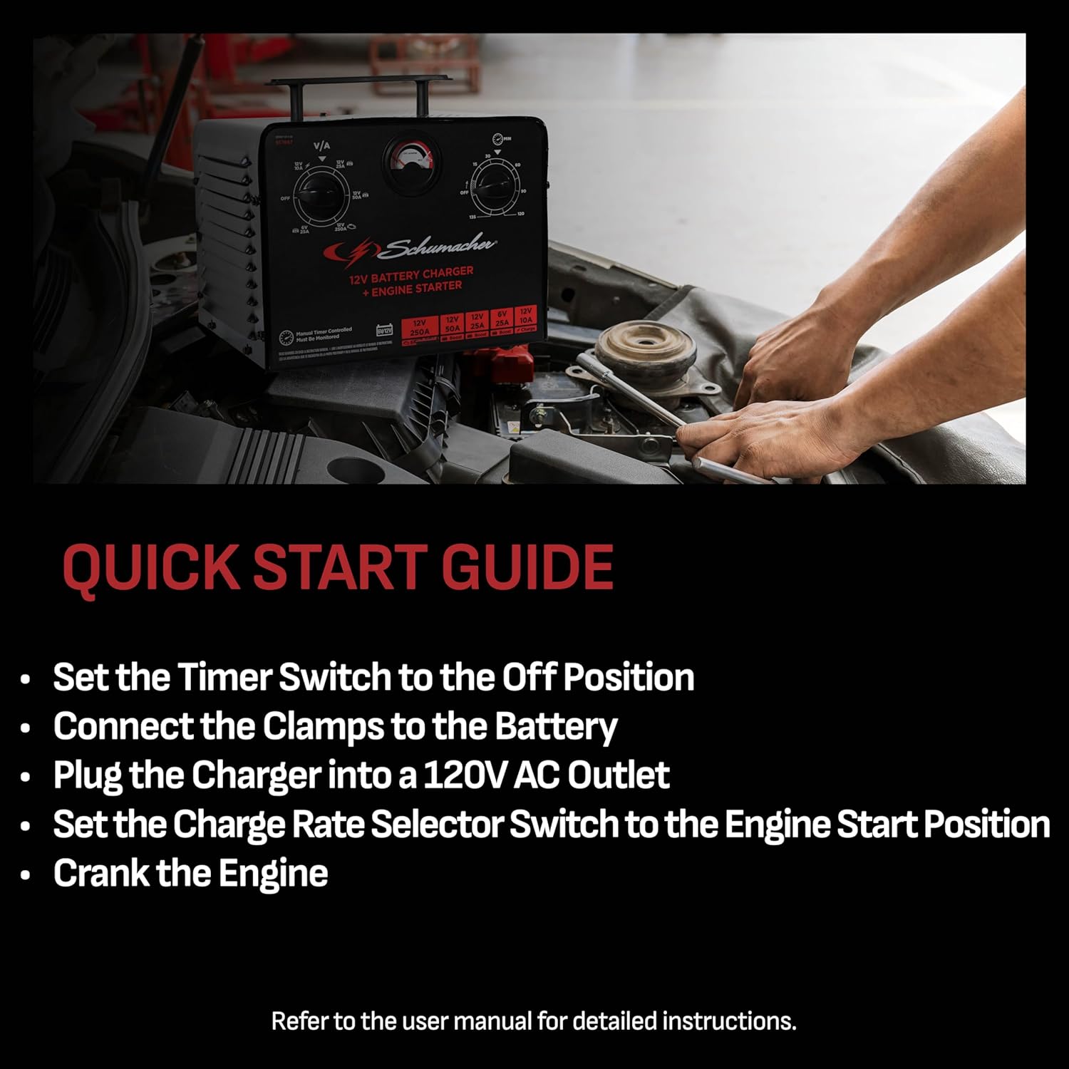 Schumacher Electric 6V/12V Time Controlled Battery Charger  Engine Starter - Precision Controlled Charger with 135-minute Timer  Overload Protection - 250 Cranking Amps  3 Boost Modes - SC1667