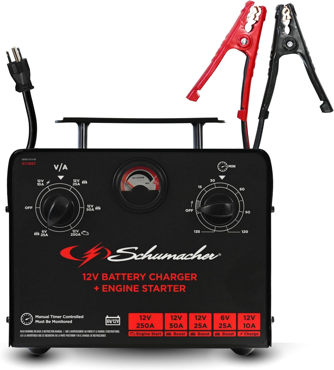 Schumacher Electric 6V/12V Time Controlled Battery Charger  Engine Starter - Precision Controlled Charger with 135-minute Timer  Overload Protection - 250 Cranking Amps  3 Boost Modes - SC1667