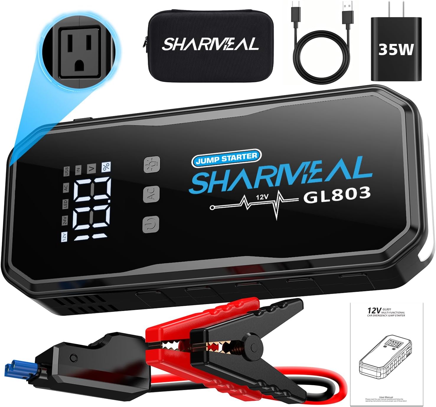 Sharmeal Car Jump Starter 5000A, Jump Starter Battery Pack for 10.0L Gas and 9.0L Diesel, 12V Portable Jump Box with LED Light