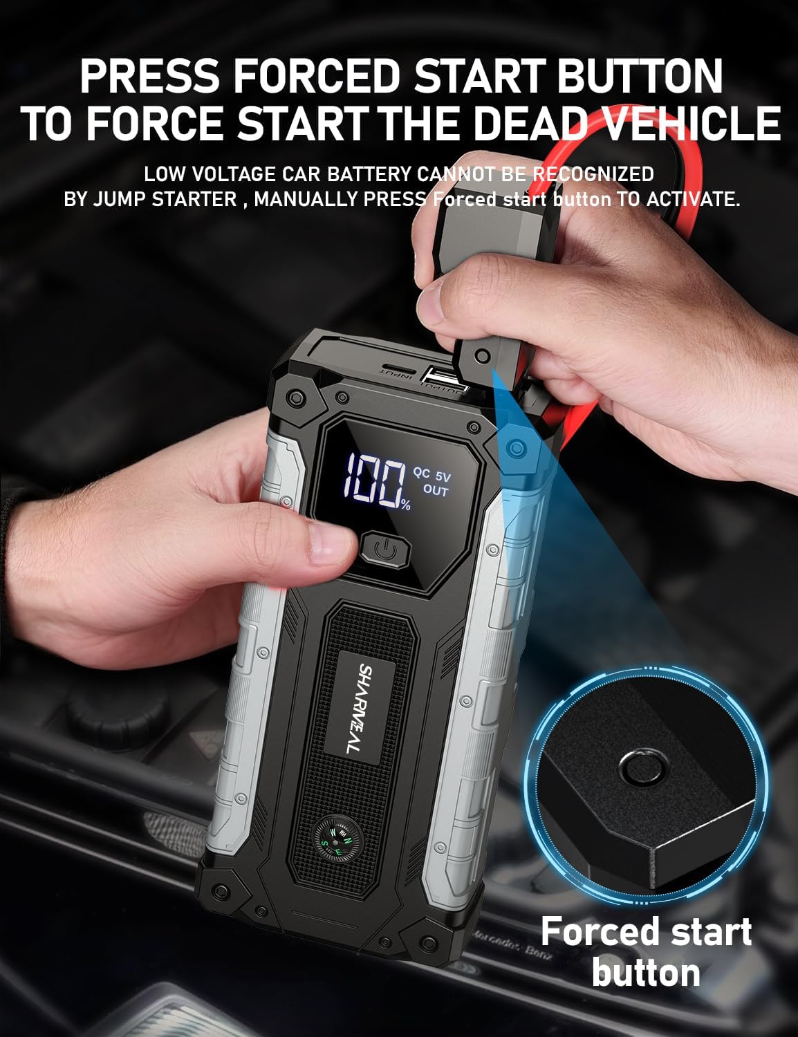 Sharmeal Car Jump Starter 5000A, Jump Starter Battery Pack for 10.0L Gas and 9.0L Diesel, 12V Portable Jump Box with LED Light