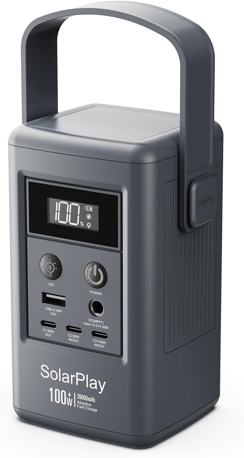 SolarPlay Small Portable Power Station, 100W Fast Charging Power Bank with Led Light, 5 Outlets Power Bank for Camping, Home Backup, Emergency Outage