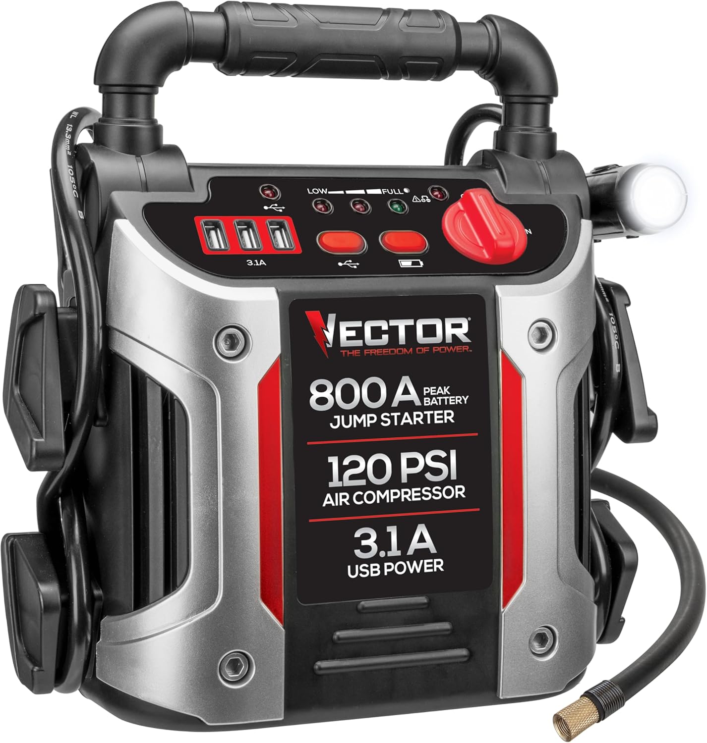 Vector PPRH5V 1200 Peak Amp Automotive Jump Starter, Portable Power – 10W USB Port, 500W Inverter, 120 PSI Air Compressor