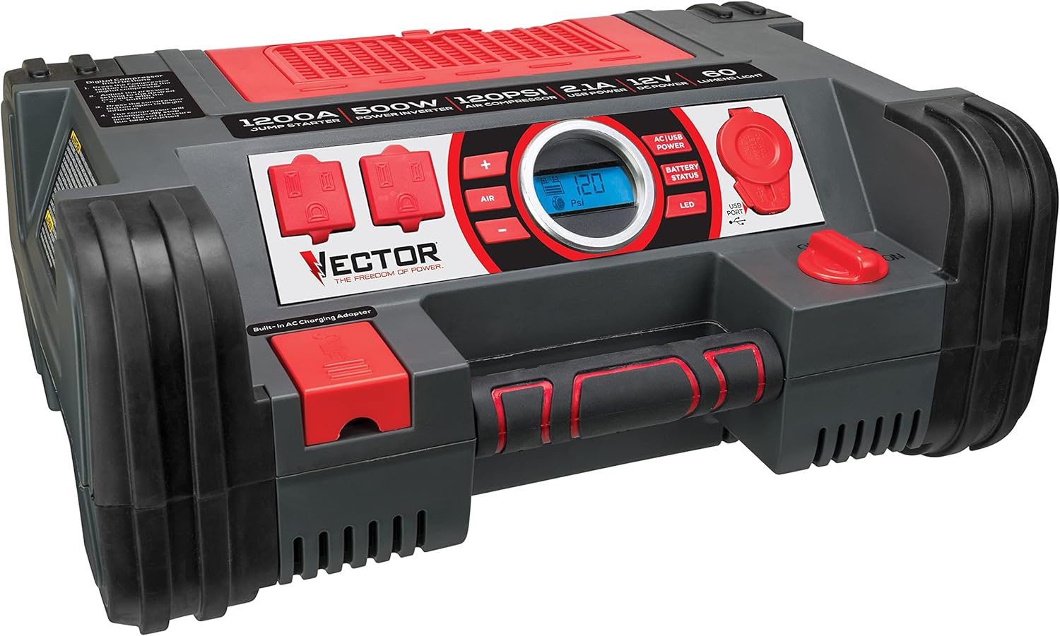 Vector PPRH5V 1200 Peak Amp Automotive Jump Starter, Portable Power – 10W USB Port, 500W Inverter, 120 PSI Air Compressor