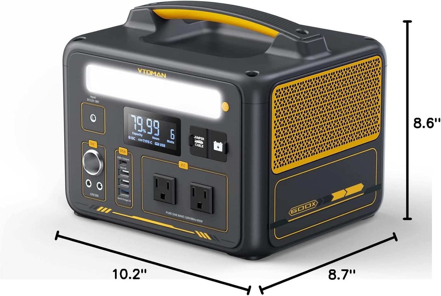 VTOMAN Jump 600X Portable Power Station 600W, 299Wh Solar Generator LiFePO4 Battery Power Station with Jump Start for Car, 1200W AC Outlet, PD 60W USB-C, 3x Regulated 12V/10A DC for Camping, RV Travel