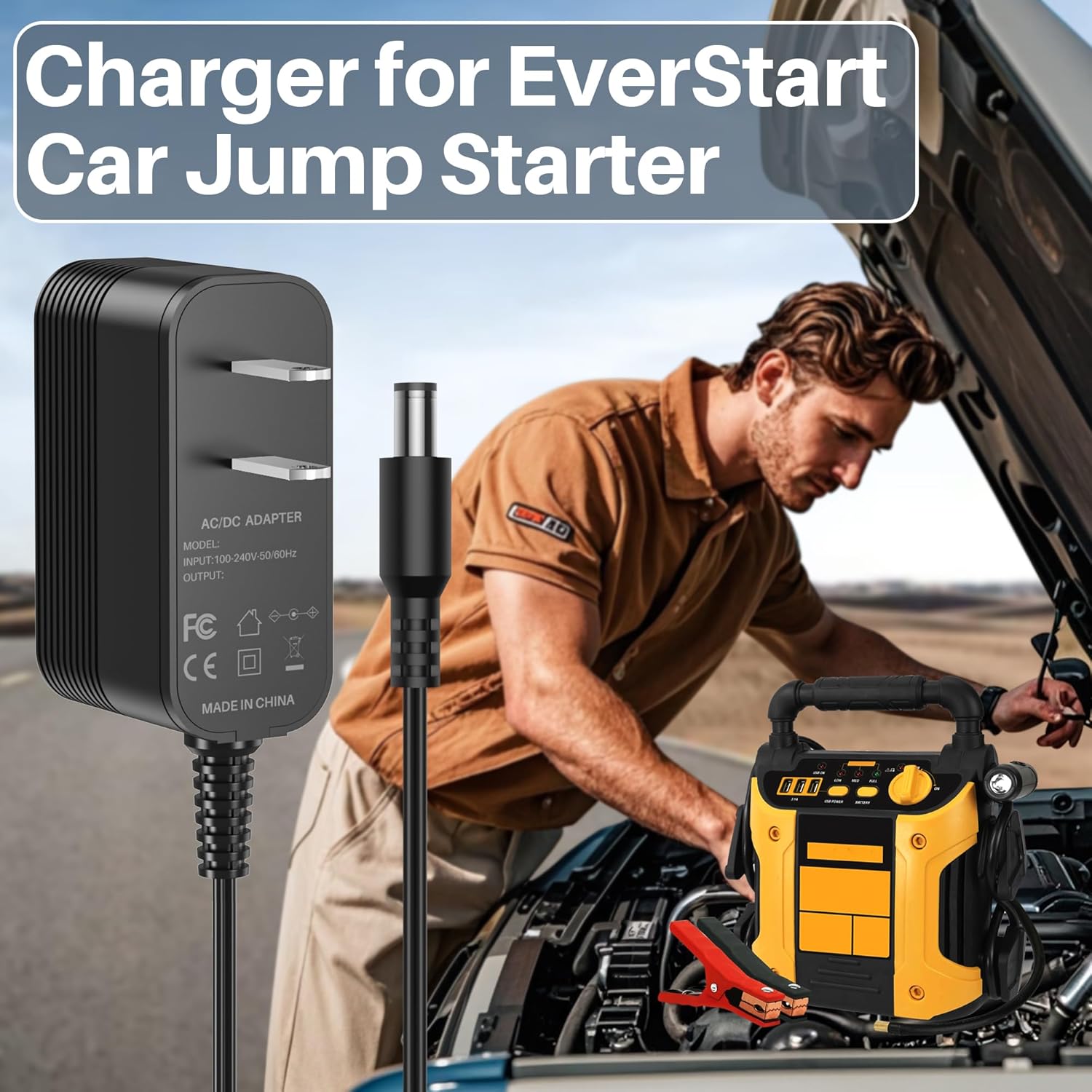 12V DC Power Cord for EverStart Maxx Jump Starter Battery Charger Compatible with Ever Start Max J7CCE J7CE 800A Peak Amps Battery Car Jump Starter PSI Air Compressor 3.1A USB Power LED Camo