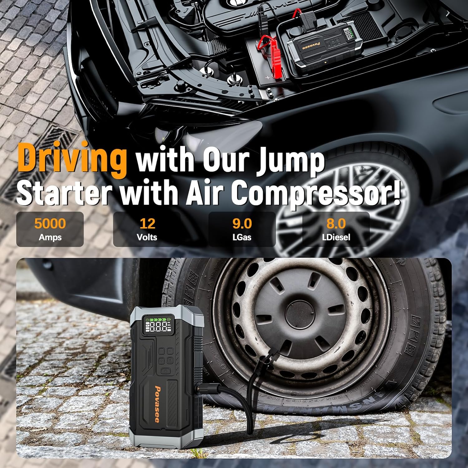 [2026NEW Model] 5000A Jump Starter with Air Compressor,Car Jumper Starter Portable with 150PSI Tire Inflator 12V Jump Box with LCD Display,Flashlight,Storage Case (Up 9L Gas/8L Diesel Engine