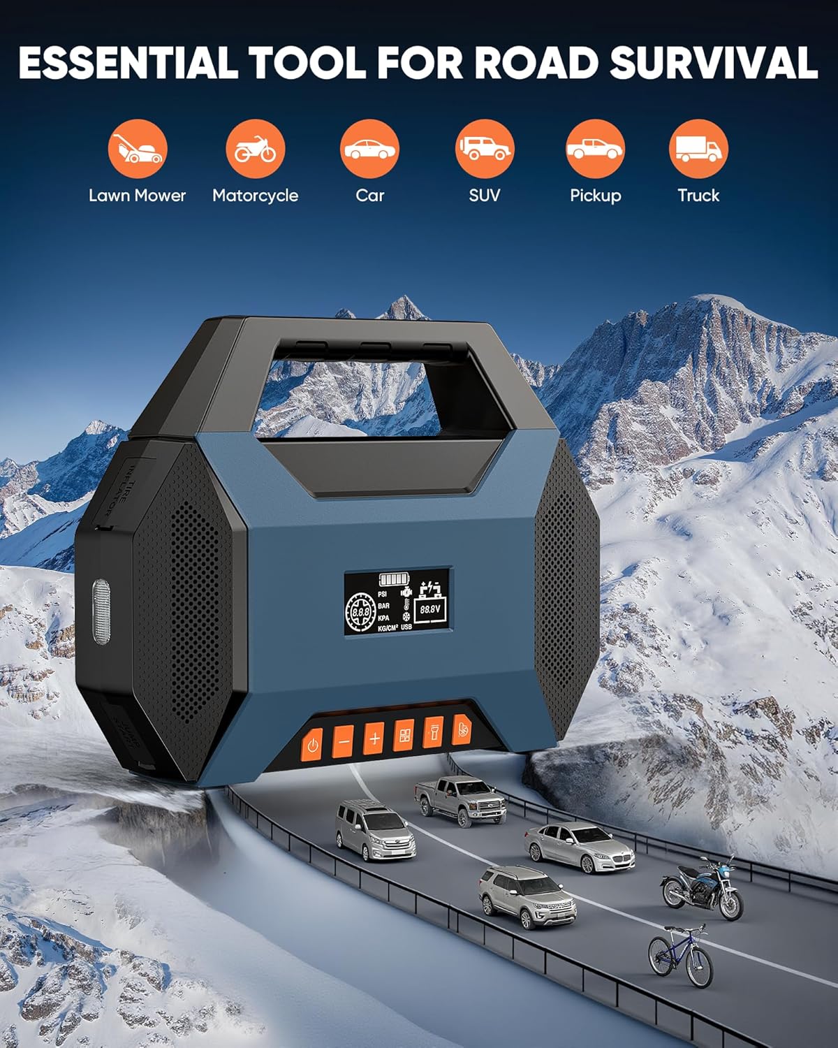 2500A Car Jump Starter with Air Compressor - 120PSI Tire Inflator, 40W Fast Charging, 48.84Wh Portable Power Bank, Voltage Tester for 8L Gas/6L Diesel Engines