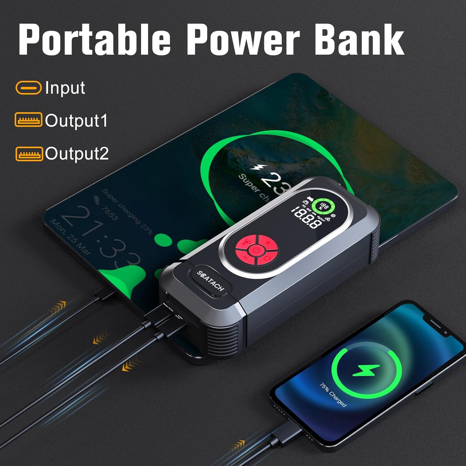 6000A Jump Starter with Air Compressor, Car Battery Jump Starter Portable (10.0 Gas/10.0L Diesel), PSI 12V Car Battery Jump Box with Tire Inflator, Jumper Cables, LED Light, LED Display