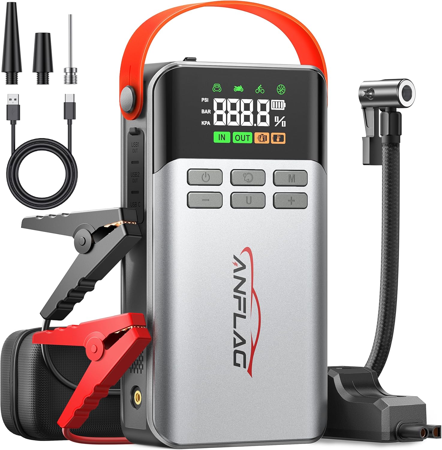 8-in-1 Car Jump Starter with Air Compressor – 5500A Peak, 150PSI Tire Inflator, 12V Portable Power Bank, LCD Display, and LED Flashlight for All Gas  12.0L Diesel Engines