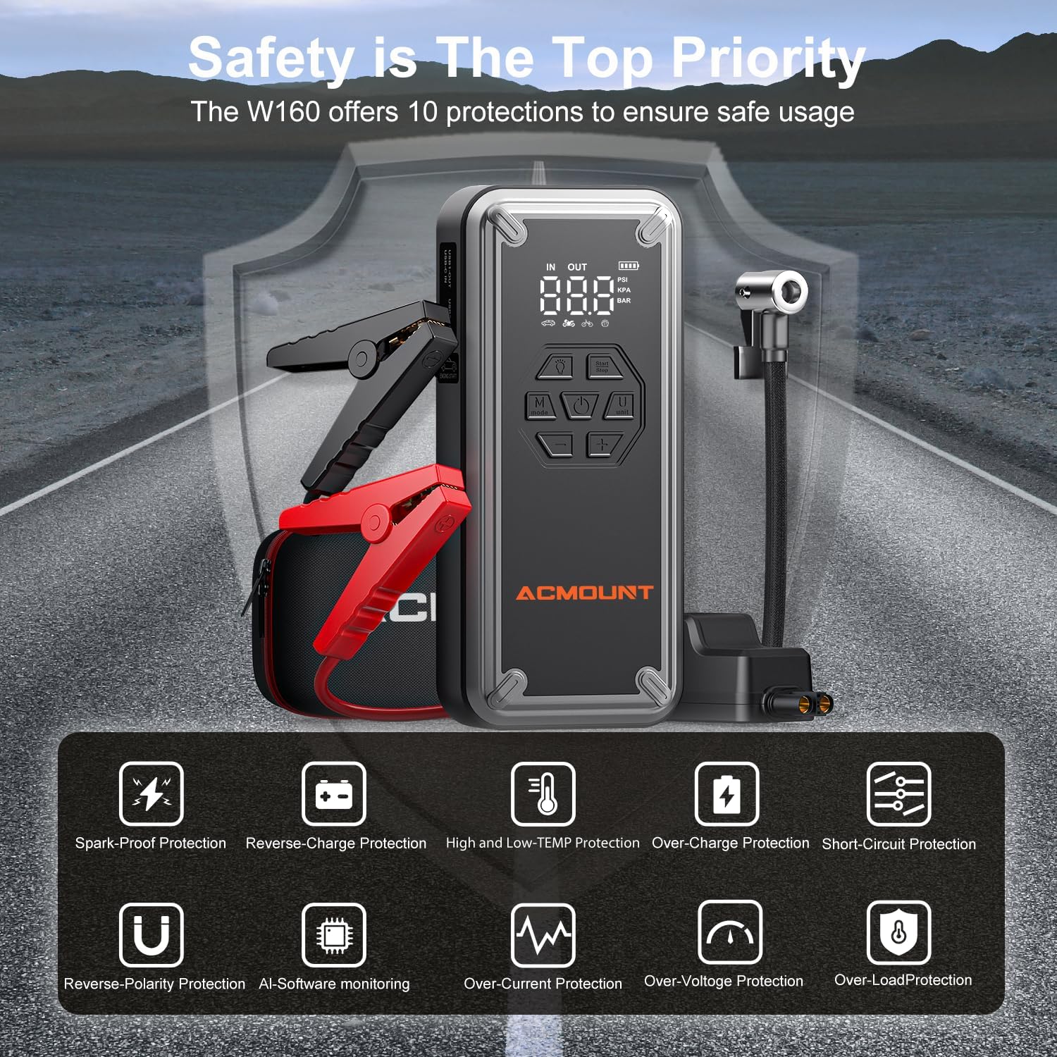 Acmount W160 Jump Starter with Air Compressor, 5000A Portable Car Jump Starter 150PSI Tire Inflator/Air Pump, 12V Battery(Up to 9L Gas/8L Diesel Engine) Jump Pack, Car Emergency Kit, Idea Gift for Man