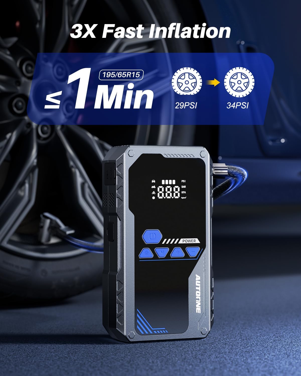 AUTOONE 6000A Jump Starter with Air Compressor (All Gas/10L Diesel), 150PSI Car Jumper Starter Portable, Jump Box Tire Inflator with LED Flashlight, LCD Display, Storage Case