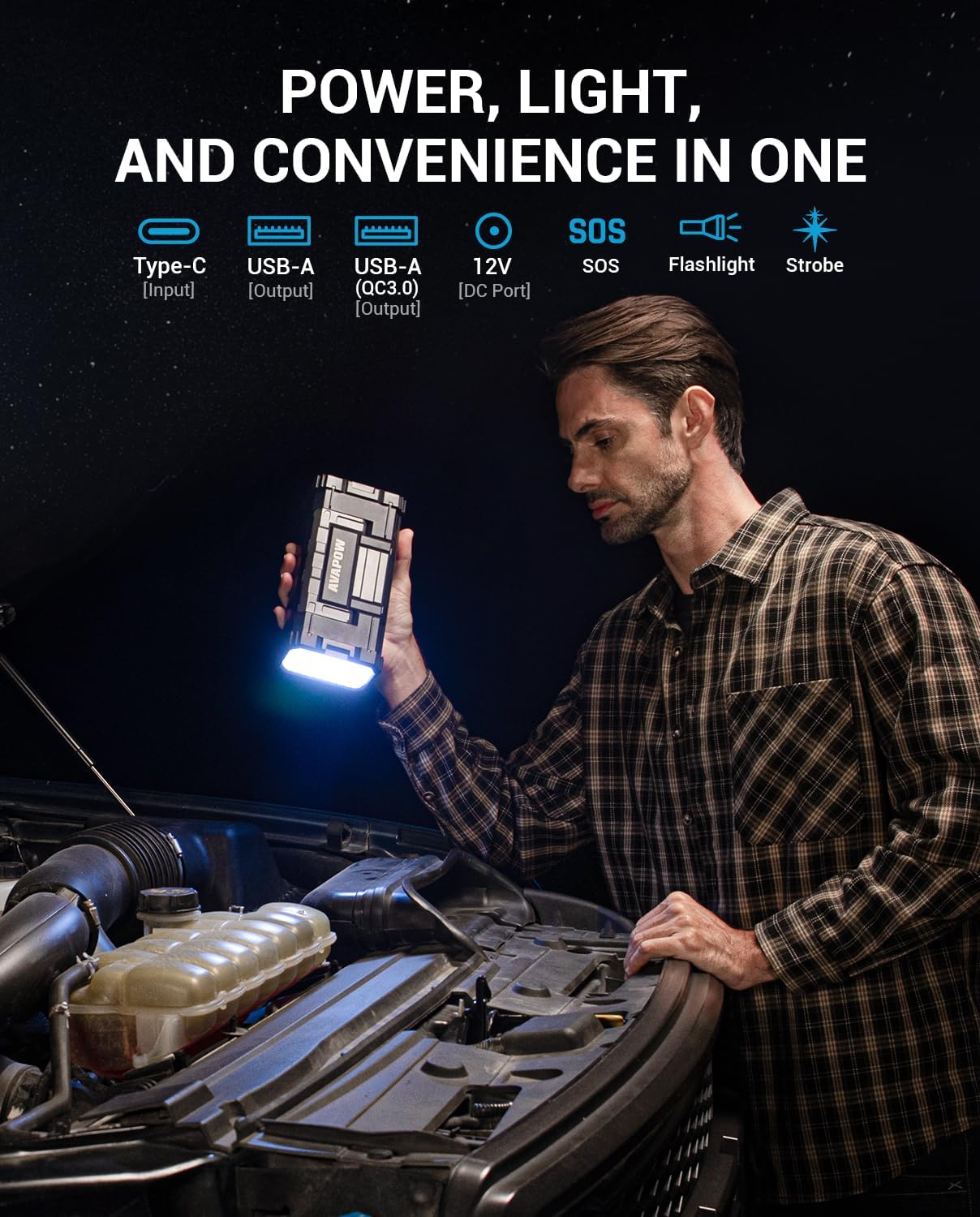 AVAPOW 6000A Car Battery Jump Starter(for All Gas or up to 12L Diesel) Powerful Car Jump Starter with Dual USB Quick Charge and DC Output,12V Jump Pack with Built-in LED Bright Light