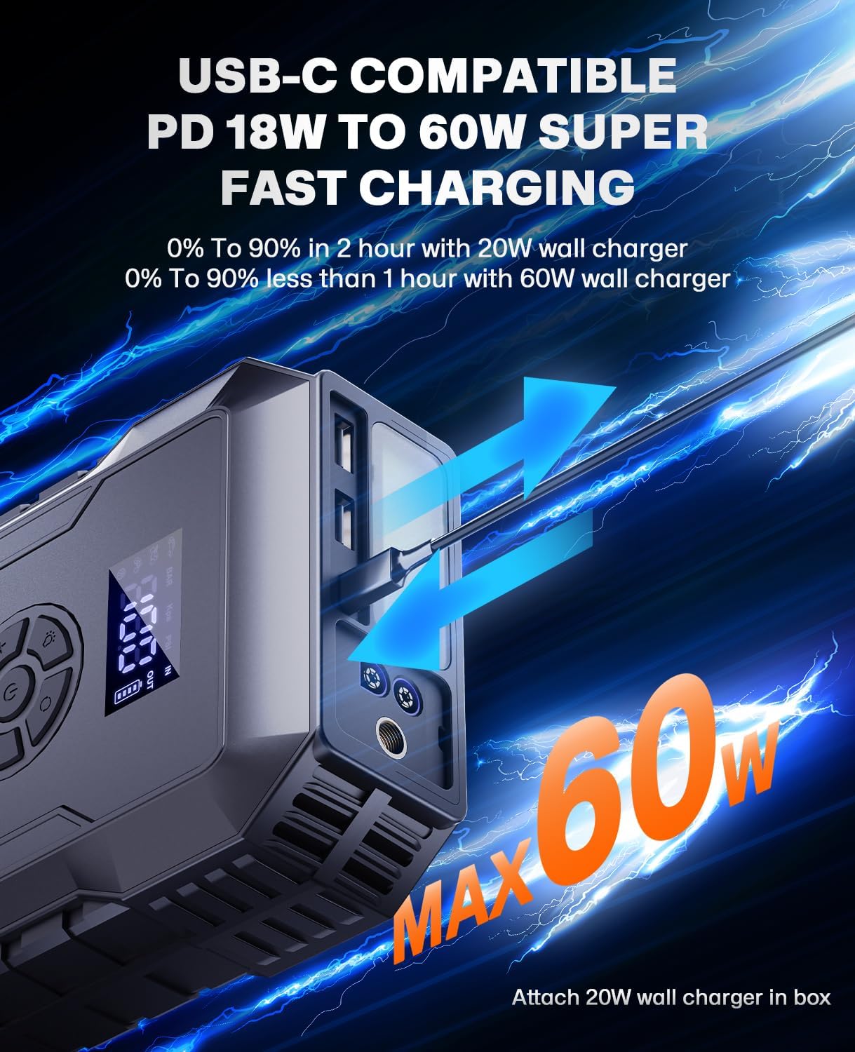 Car Battery Jump Starter with Air Compressor 160PSI,5000A 60W Portable Jump Starter Battery Pack (All Gas/10L Diesel),12V Starter Jump Box with Jumper Cables,Type C Fast Charging,3 Mode Light