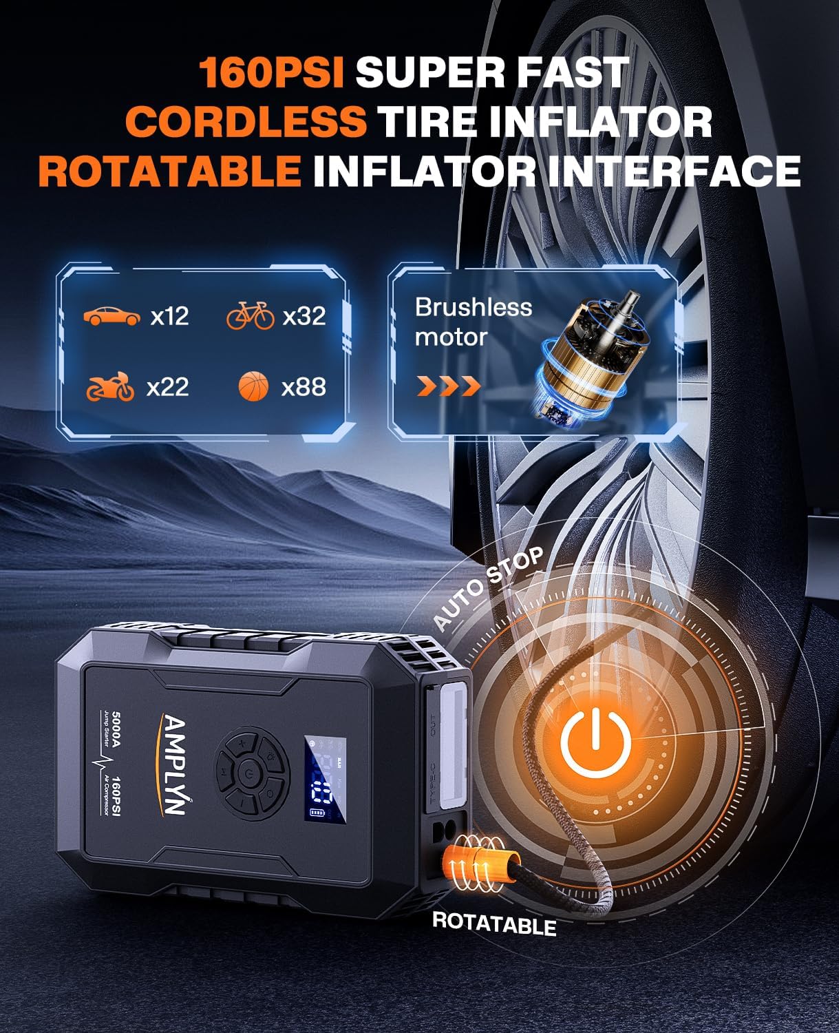 Car Battery Jump Starter with Air Compressor 160PSI,5000A 60W Portable Jump Starter Battery Pack (All Gas/10L Diesel),12V Starter Jump Box with Jumper Cables,Type C Fast Charging,3 Mode Light