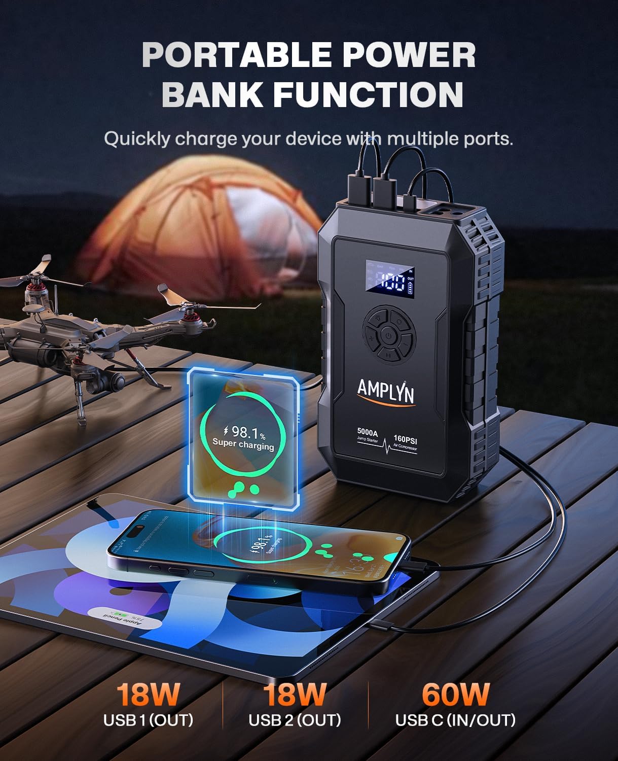 Car Battery Jump Starter with Air Compressor 160PSI,5000A 60W Portable Jump Starter Battery Pack (All Gas/10L Diesel),12V Starter Jump Box with Jumper Cables,Type C Fast Charging,3 Mode Light