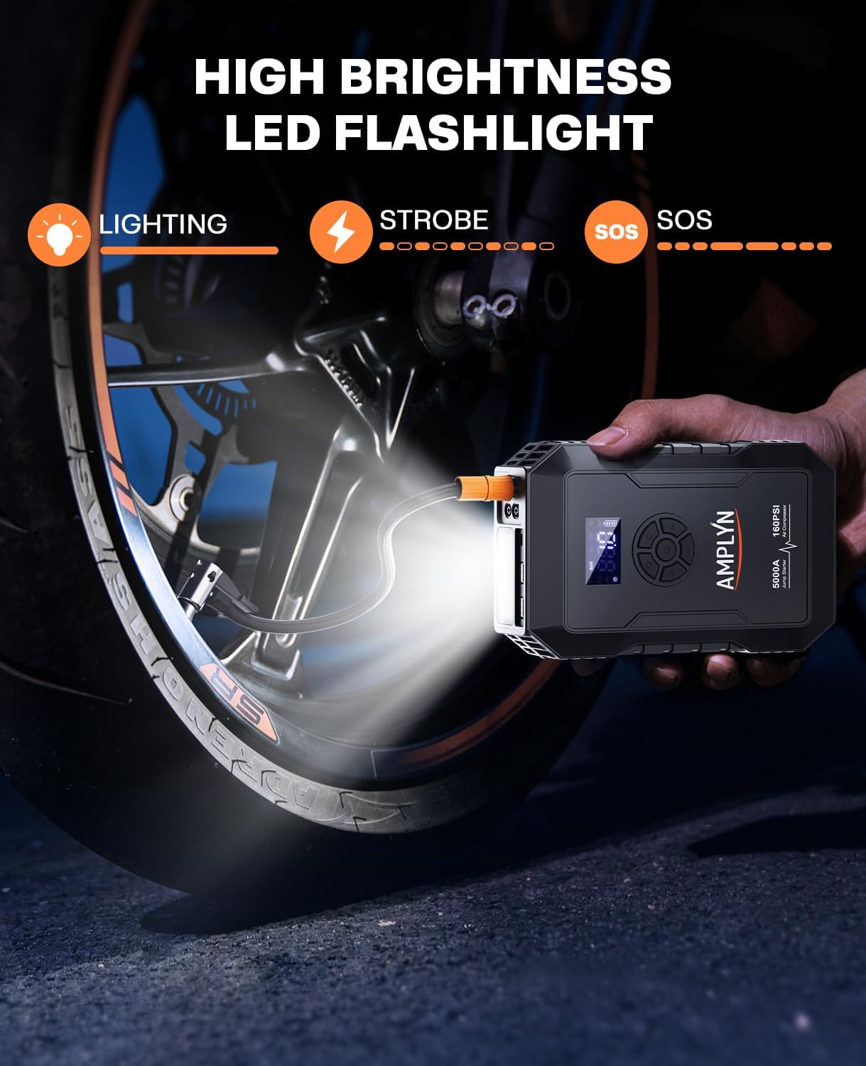 Car Battery Jump Starter with Air Compressor 160PSI,5000A 60W Portable Jump Starter Battery Pack (All Gas/10L Diesel),12V Starter Jump Box with Jumper Cables,Type C Fast Charging,3 Mode Light