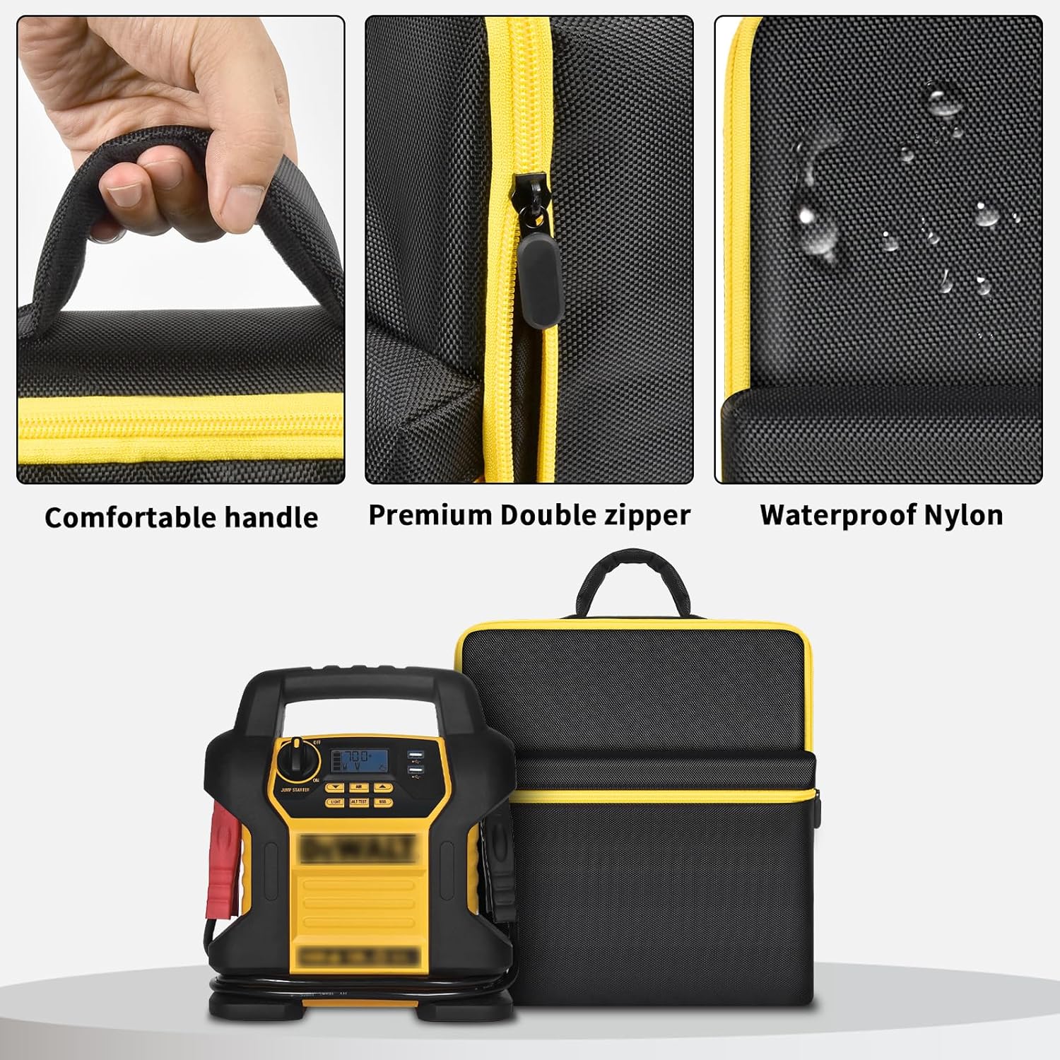 Car Jumper Starter Storage Bag Compatible with DEWALT DXAEJ14 Digital Portable Power Station Air Compressor, Carrying Case Holder Container (Black with Yellow Zipper Case Only)