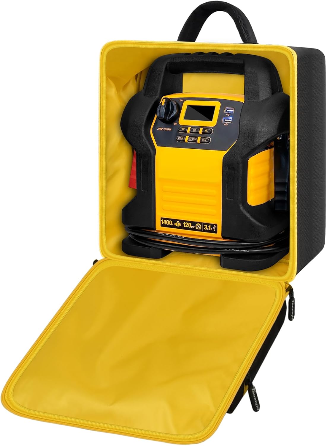 Car Jumper Starter Storage Bag Compatible with DEWALT DXAEJ14 Digital Portable Power Station Air Compressor, Carrying Case Holder Container (Black with Yellow Zipper Case Only)