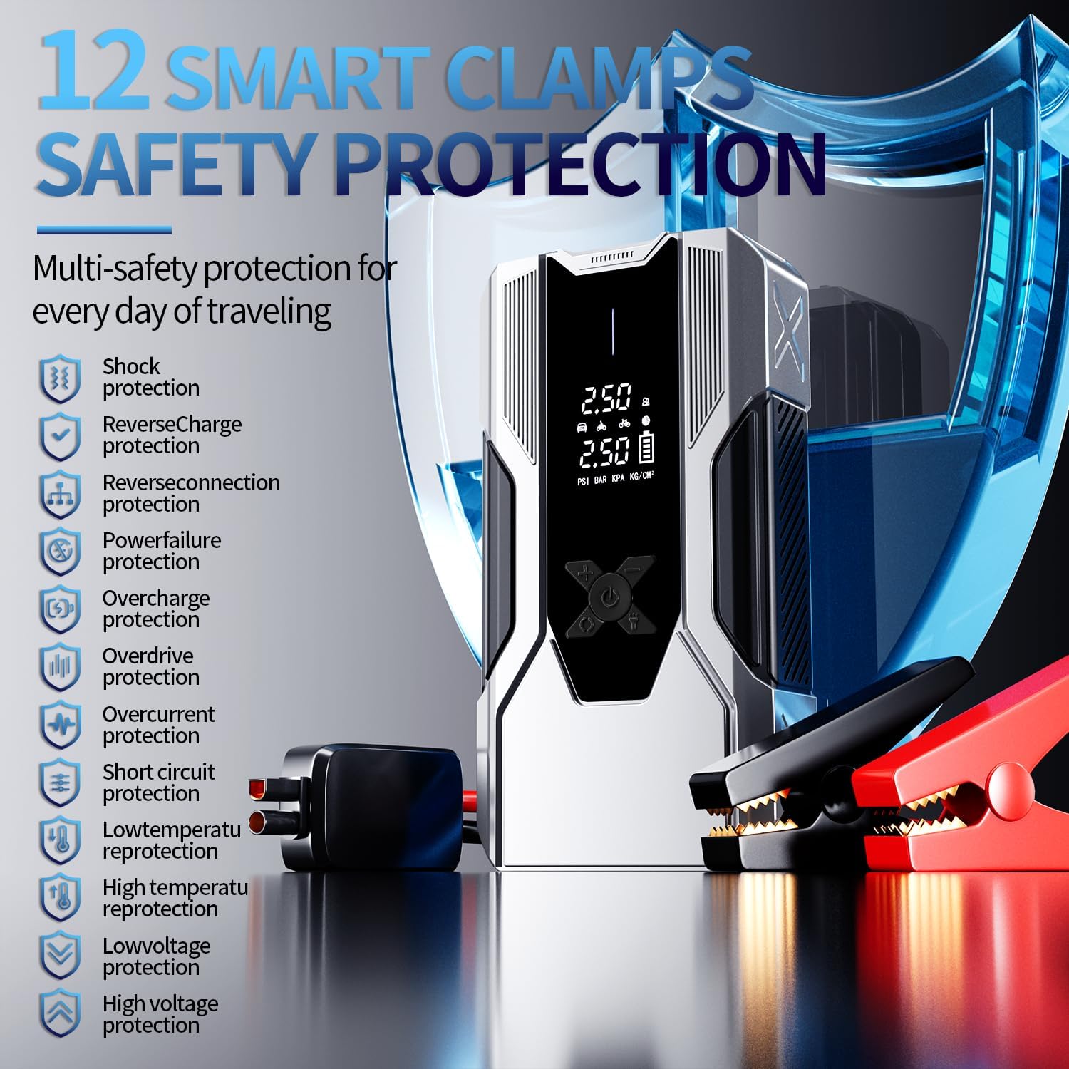 Emergency Portable Jump Starter with Air Compressor - 3000A 150PSI for Cars, Trucks  SUVs up to 9L Gas/7L Diesel, 12000mAh Portable Power Bank, -20°F Cold Start (Silver)