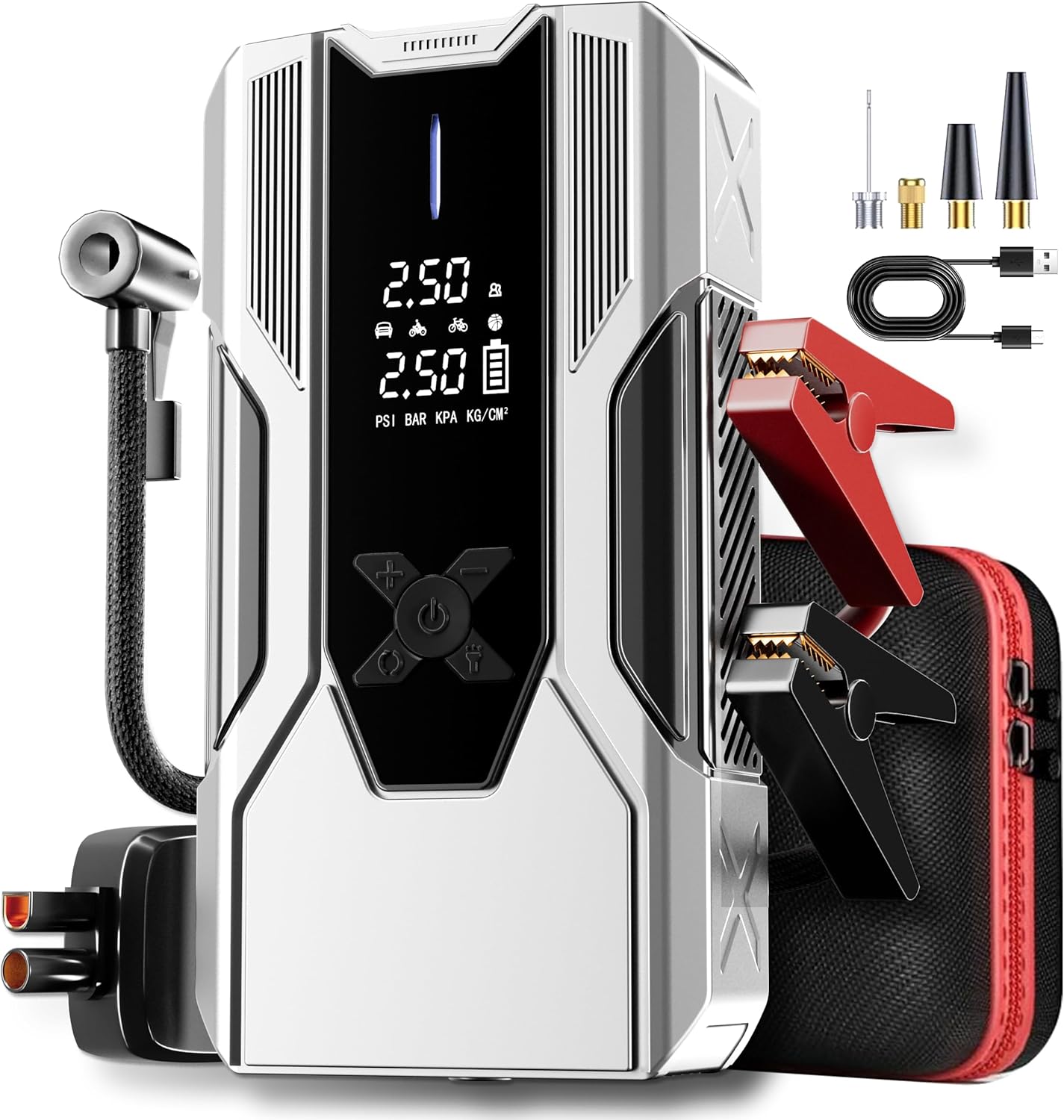 Emergency Portable Jump Starter with Air Compressor - 3000A 150PSI for Cars, Trucks  SUVs up to 9L Gas/7L Diesel, 12000mAh Portable Power Bank, -20°F Cold Start (Silver)