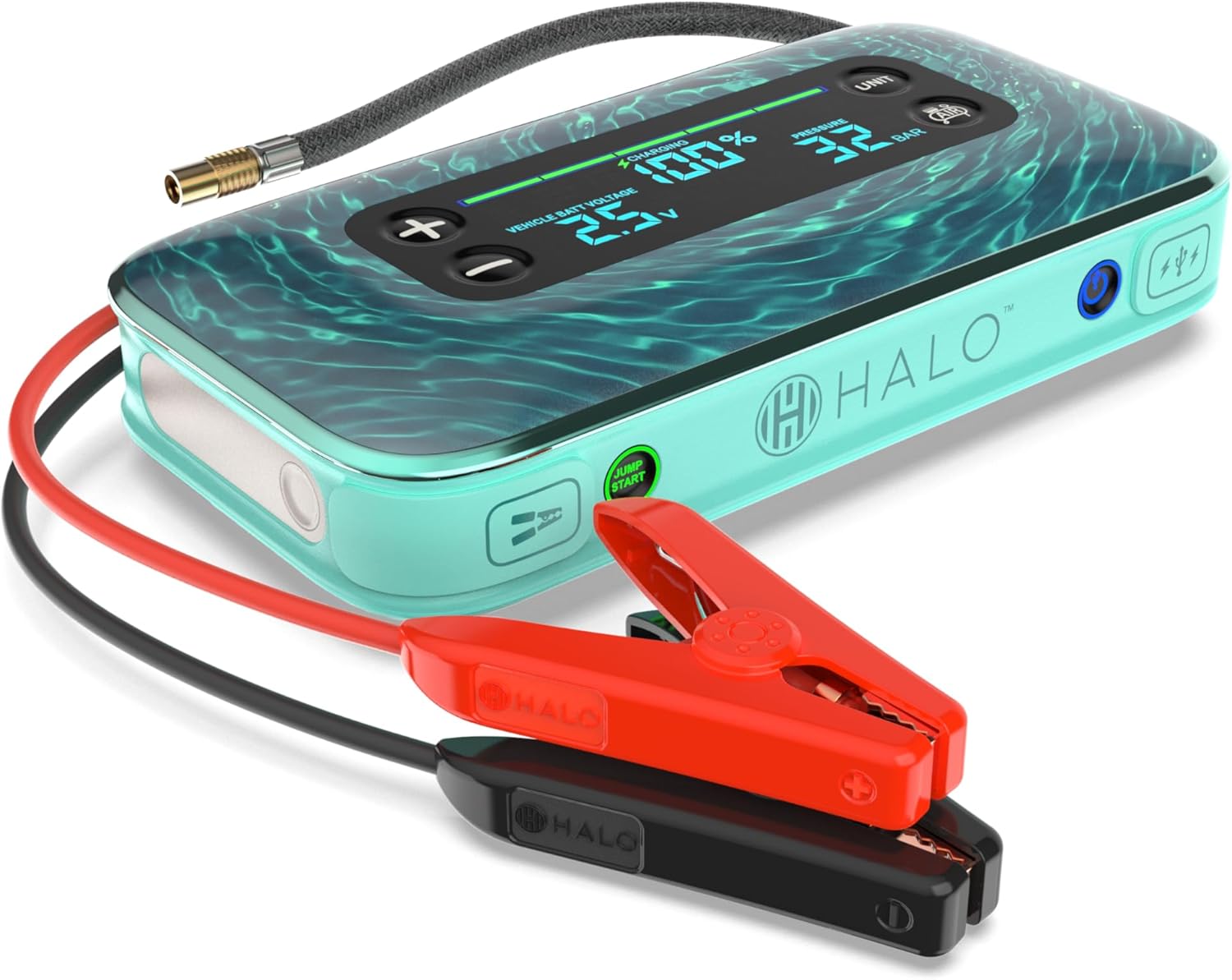 HALO Bolt Air+ Portable Car Battery Jump Starter | PSI Air Compressor, 59.9Wh USB Power Bank, Large Display, Emergency Floodlight  Charger, Jumps Cars SUVs  Trucks, Inflates Tires — Teal