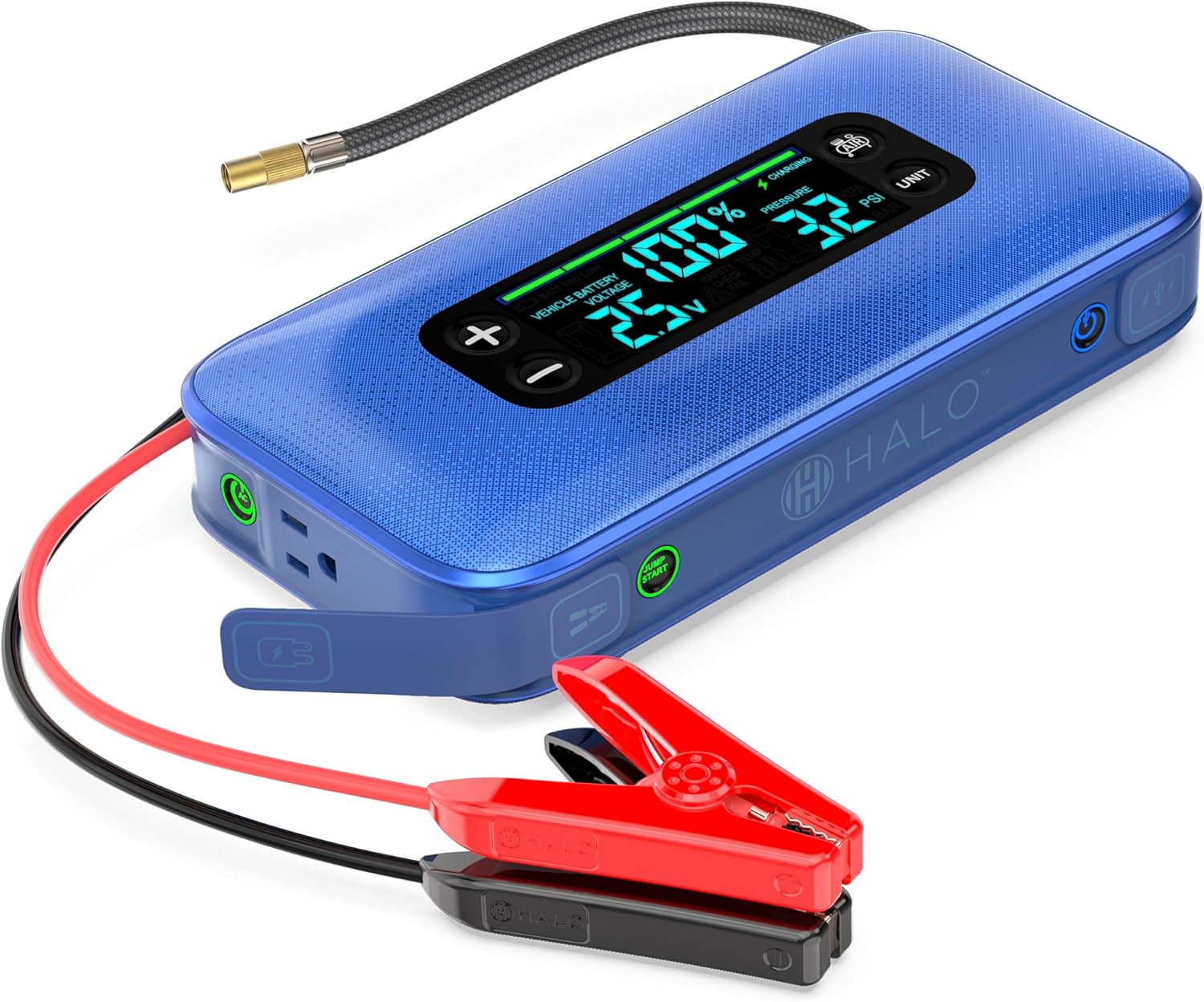 HALO Bolt Ultimate Portable Car Battery Jump Starter | PSI Air Compressor, 55.5Wh USB Power Bank, Large Display, Emergency Floodlight  Charger, Jumps Cars SUVs  Trucks, Inflates Tires — Cobalt